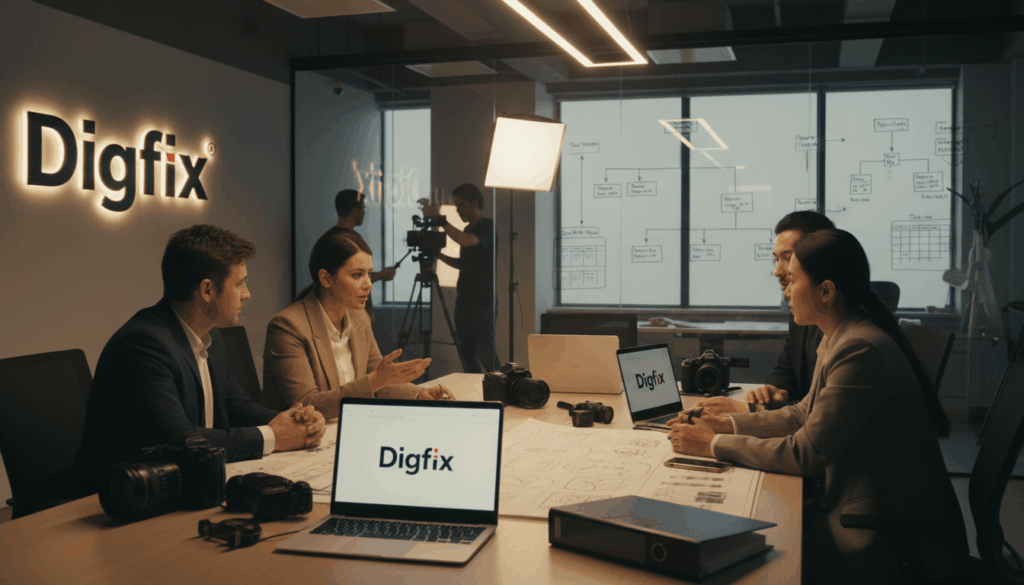 A Modern Office Space Dedicated To Video Production, Showcasing A Collaborative Team Environment. In The Foreground, A Diverse Group Of Professionals In Business Attire&mdash;Two Men And Two Women&mdash;Are Engaged Around A Conference Table Filled With Laptops, Cameras, And Storyboards, Deep In Discussion About Resource Allocation. The Middle Layer Features A Large Whiteboard Displaying Diagrams Of Team Structure And Production Timelines, While A Film Crew Is Subtly Staged In The Background Setting Up Lights And Cameras. The Atmosphere Is Dynamic And Focused, Illuminated By Soft, Warm Lighting Creating A Vibrant Yet Professional Mood. The Brand Name &Quot;Digifix&Quot; Is Visibly Integrated Into The Environment, Perhaps As A Logo On A Laptop Or Storyboard. The Image Is Shot From A Slight Angle, Emphasizing Teamwork And Creativity In Video Marketing.