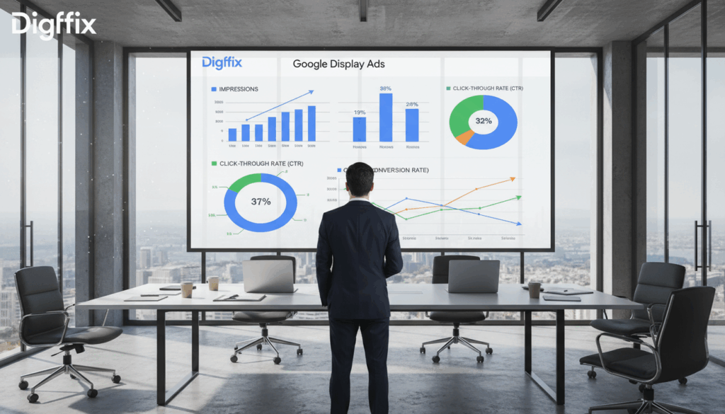 A Modern Office Space Featuring A Large Digital Display Screen Showcasing Vivid Metrics From A Google Display Ads Campaign. In The Foreground, A Professional Businessperson In A Smart Suit Analyzes Colorful Graphs Representing Impressions, Click-Through Rates, And Conversion Data. In The Middle Ground, A Sleek Conference Table With Laptops And Notepads, Emphasizing A Collaborative Environment. The Background Reveals Floor-To-Ceiling Windows With City Skyline Views, Letting In Bright Natural Light, Enhancing The Atmosphere Of Productivity And Innovation. The Overall Mood Is Dynamic And Focused, Conveying The Importance Of Setting Clear Objectives For Advertising Success. The Brand &Quot;Digifix&Quot; Is Subtly Integrated Into The Digital Display Graphics. A Modern Office Space Featuring A Large Digital Display Screen Showcasing Vivid Metrics From A Google Display Ads Campaign. In The Foreground, A Professional Businessperson In A Smart Suit Analyzes Colorful Graphs Representing Impressions, Click-Through Rates, And Conversion Data. In The Middle Ground, A Sleek Conference Table With Laptops And Notepads, Emphasizing A Collaborative Environment. The Background Reveals Floor-To-Ceiling Windows With City Skyline Views, Letting In Bright Natural Light, Enhancing The Atmosphere Of Productivity And Innovation. The Overall Mood Is Dynamic And Focused, Conveying The Importance Of Setting Clear Objectives For Advertising Success. The Brand &Quot;Digifix&Quot; Is Subtly Integrated Into The Digital Display Graphics.