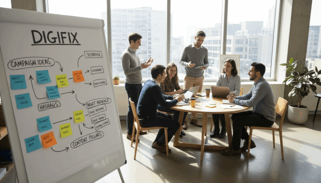A Modern Office Space Filled With Creative Energy, Showcasing A Team Of Diverse Professionals Collaborating On Social Media Strategies For The Brand &Quot;Digifix&Quot;. In The Foreground, A Whiteboard Covered With Colorful Sticky Notes And Flowcharts Illustrates Campaign Ideas. The Middle Ground Features A Round Table Where Team Members, Dressed In Smart Casual Attire, Discuss Over Laptops And Tablets, Exchanging Ideas With Enthusiasm. The Background Reveals Large Windows That Allow Natural Light To Flood The Room, Enhancing The Vibrant, Innovative Atmosphere. Soft Shadows Play Across The Floor, Creating A Warm, Inviting Space Ideal For Creativity. Capture The Synergy And Dynamic Approach Of The Fitzroy Social Agency As They Strategize For Creative Brands. Focus On Clarity, With A Slightly Elevated Angle To Encapsulate The Collaborative Environment. A Modern Office Space Filled With Creative Energy, Showcasing A Team Of Diverse Professionals Collaborating On Social Media Strategies For The Brand &Quot;Digifix&Quot;. In The Foreground, A Whiteboard Covered With Colorful Sticky Notes And Flowcharts Illustrates Campaign Ideas. The Middle Ground Features A Round Table Where Team Members, Dressed In Smart Casual Attire, Discuss Over Laptops And Tablets, Exchanging Ideas With Enthusiasm. The Background Reveals Large Windows That Allow Natural Light To Flood The Room, Enhancing The Vibrant, Innovative Atmosphere. Soft Shadows Play Across The Floor, Creating A Warm, Inviting Space Ideal For Creativity. Capture The Synergy And Dynamic Approach Of The Fitzroy Social Agency As They Strategize For Creative Brands. Focus On Clarity, With A Slightly Elevated Angle To Encapsulate The Collaborative Environment.