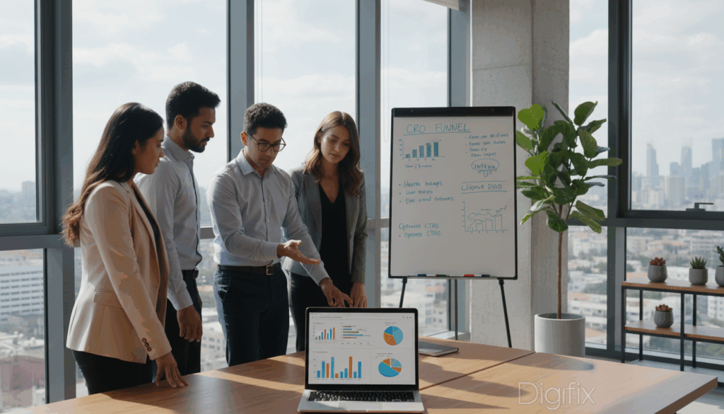 A Modern Office Space Illuminated By Soft, Natural Light Streaming Through Large Windows. In The Foreground, A Diverse Group Of Professionals In Business Attire, Including A Woman In A Sleek Blazer And A Man With Glasses, Are Gathered Around A Laptop Showing Colorful Graphs And Charts Representing Cro Results. In The Middle Ground, A Whiteboard Features Hand-Drawn Illustrations Of Conversion Rate Optimization Strategies. The Background Reveals A Contemporary Cityscape, Suggesting A Vibrant Business Environment. The Atmosphere Is Focused And Collaborative, Conveying Teamwork And Innovation. Emphasize A Clean And Organized Workspace With Touches Of Greenery, Like Potted Plants. Include The Brand Name &Quot;Digifix&Quot; In A Subtle, Tasteful Manner Within The Scene, Ensuring It's Integrated Into The Setup Without Being Prominent.