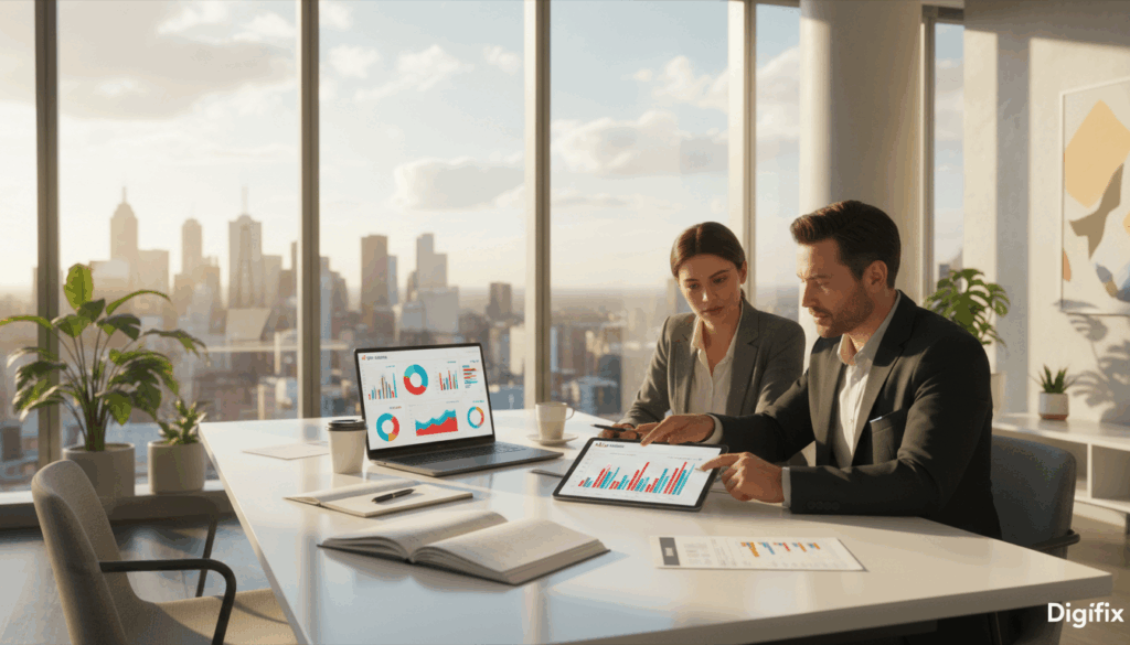 A Modern Office Space Showcasing &Quot;Analytics And Reporting.&Quot; In The Foreground, A Diverse Group Of Three Professionals Dressed In Business Attire&mdash;One Female And Two Male&mdash;Are Engaged In A Discussion Over A Digital Tablet Displaying Colorful Graphs And Charts. The Middle Ground Features A Sleek Desk With A Laptop Open To A Dashboard Filled With Data Visualizations, Surrounded By Notebooks And Coffee Cups. In The Background, Large Windows Reveal The Melbourne Cbd Skyline, Casting A Warm Natural Light Across The Room. The Atmosphere Is Dynamic And Focused, Suggesting Innovation And Teamwork. The Brand Name &Quot;Digifix&Quot; Is Subtly Integrated Into The Visual Elements, Such As On A Screen Or Document, Ensuring A Cohesive Branding Experience. The Angle Captures A Clear View Of The Professionals And The Vibrant Data-Driven Environment.