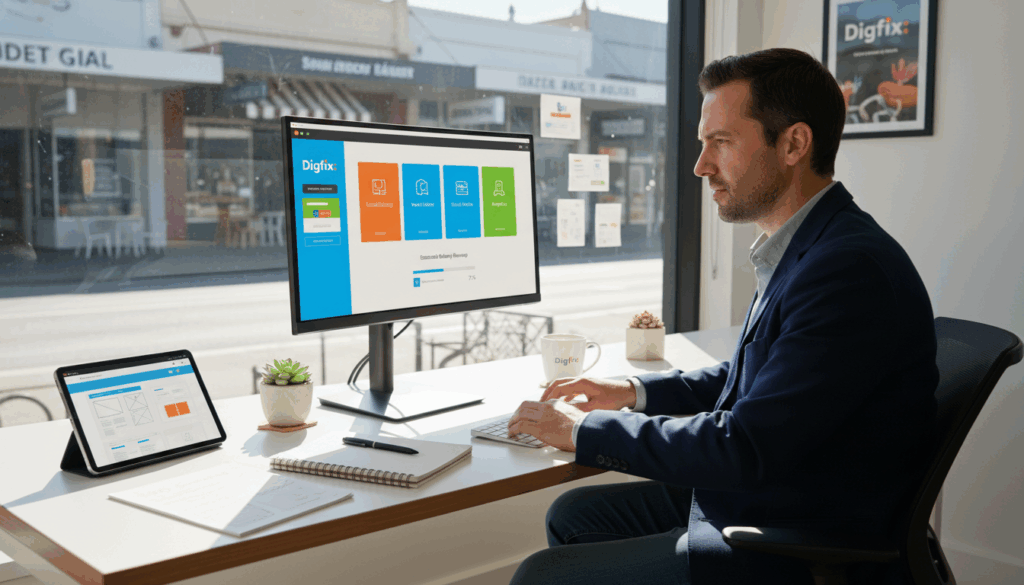 A Modern Office Workspace Featuring A Sleek Computer Setup Displaying A Vibrant User Interface Of A Content Management System, Specifically Designed For Local Businesses. In The Foreground, A Professional Businessperson Dressed In Smart Casual Attire Is Engaged With The Computer, Looking Focused And Inspired. The Middle Layer Shows Various Digital Elements Like Web Design Sketches, A Notepad With Notes, And A Cup Of Coffee, Creating A Productive Atmosphere. In The Background, A Large Window Reveals A Sunny View Of Essendon&rsquo;s Local Businesses, Adding A Sense Of Community. Soft Natural Lighting Illuminates The Scene, Enhancing The Warm And Inviting Mood. The Overall Composition Reflects Innovation And Professionalism, Embodying The Brand &Quot;Digifix&Quot;.