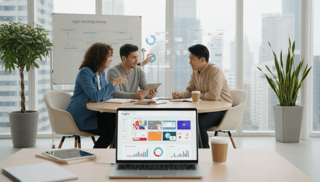 A Modern Office Workspace Illustrating &Quot;Email Marketing Automation&Quot; For Digifix. In The Foreground, A Sleek Laptop Displays An Open Email Marketing Platform, Showing Colorful Email Templates And Analytics. In The Middle Ground, A Diverse Team Of Three Professionals In Smart Casual Attire, Including A Woman With Curly Hair And Two Men, Are Collaborating At A Round Table With Charts And Digital Devices Scattered About. The Background Features A Bright, Airy Environment With Large Windows Letting In Natural Light, Plants For A Touch Of Greenery, And A Whiteboard With Marketing Strategies Sketched Out. The Mood Is Energetic And Focused, Emphasizing Teamwork And Innovation In Digital Marketing. The Overall Atmosphere Invokes A Sense Of Efficiency And Creativity, Ideal For The Theme Of Automation And Personalization In Email Marketing. A Modern Office Workspace Illustrating &Quot;Email Marketing Automation&Quot; For Digifix. In The Foreground, A Sleek Laptop Displays An Open Email Marketing Platform, Showing Colorful Email Templates And Analytics. In The Middle Ground, A Diverse Team Of Three Professionals In Smart Casual Attire, Including A Woman With Curly Hair And Two Men, Are Collaborating At A Round Table With Charts And Digital Devices Scattered About. The Background Features A Bright, Airy Environment With Large Windows Letting In Natural Light, Plants For A Touch Of Greenery, And A Whiteboard With Marketing Strategies Sketched Out. The Mood Is Energetic And Focused, Emphasizing Teamwork And Innovation In Digital Marketing. The Overall Atmosphere Invokes A Sense Of Efficiency And Creativity, Ideal For The Theme Of Automation And Personalization In Email Marketing.
