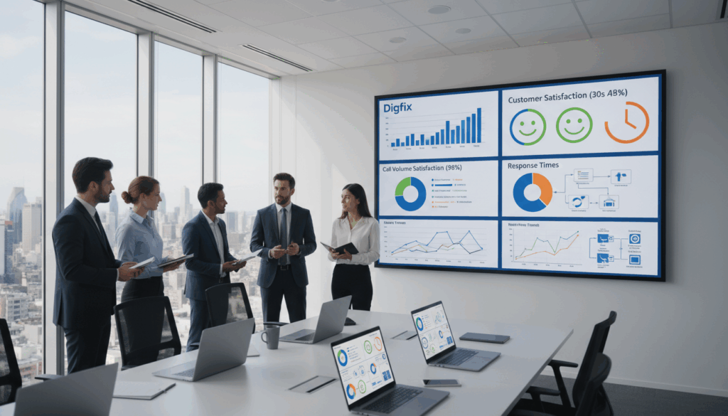 A Modern Office Workspace Setting Featuring A Large Digital Dashboard Displaying Colorful Key Performance Indicators (Kpis) Like Call Volume, Customer Satisfaction, And Response Times. In The Foreground, A Diverse Group Of Professionals In Business Attire Analyzes The Data, Engaged In Discussion. The Middle Ground Includes A Sleek Conference Table With Laptops And Tablets Showcasing Various Data Visualizations Related To Voip Phone Systems. The Background Reveals Large Windows With A City Skyline, Allowing Natural Light To Flood The Room, Creating A Bright And Productive Atmosphere. The Composition Is Taken From A Slightly Elevated Angle To Capture All Elements Clearly, Emphasizing Teamwork And Innovation. The Brand Name &Quot;Digifix&Quot; Is Subtly Incorporated Into The Dashboard Design, Maintaining A Professional Tone. A Modern Office Workspace Setting Featuring A Large Digital Dashboard Displaying Colorful Key Performance Indicators (Kpis) Like Call Volume, Customer Satisfaction, And Response Times. In The Foreground, A Diverse Group Of Professionals In Business Attire Analyzes The Data, Engaged In Discussion. The Middle Ground Includes A Sleek Conference Table With Laptops And Tablets Showcasing Various Data Visualizations Related To Voip Phone Systems. The Background Reveals Large Windows With A City Skyline, Allowing Natural Light To Flood The Room, Creating A Bright And Productive Atmosphere. The Composition Is Taken From A Slightly Elevated Angle To Capture All Elements Clearly, Emphasizing Teamwork And Innovation. The Brand Name &Quot;Digifix&Quot; Is Subtly Incorporated Into The Dashboard Design, Maintaining A Professional Tone.