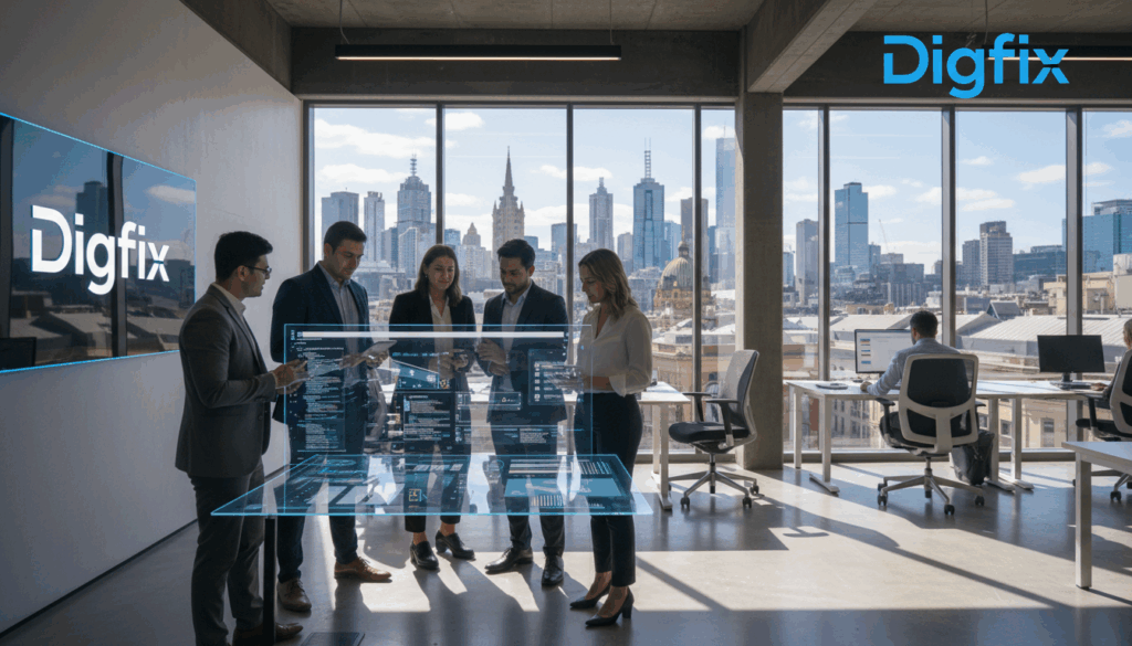 A Modern, Sleek Digital Workspace Representing Scalable Web Solutions In A Bustling Urban Environment. In The Foreground, A Diverse Group Of Professionals In Business Attire Collaborates Around A Large Digital Screen Displaying Dynamic Web Designs And Analytics. The Middle Ground Features A Stylish Office With Large Glass Windows Showcasing Melbourne'S Cbd Skyline, Bathed In Bright, Natural Daylight That Casts Soft Shadows. In The Background, Iconic Melbourne Architecture Adds Depth And Context. The Atmosphere Is Energetic Yet Focused, Emphasizing Innovation And Growth. The Image Should Incorporate The Brand Name &Quot;Digifix&Quot; Prominently, Seamlessly Blended Into The Digital Workspace, Showcasing A Cutting-Edge Approach To Web Development. Use A Wide-Angle Lens For A Dynamic Perspective That Captures The Vibrancy Of A Tech-Driven Business Environment.