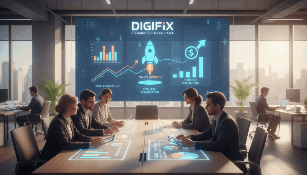 A Modern, Sleek Office Environment Bustling With Activity In The Foreground. A Diverse Group Of Professionals In Business Attire Collaborate Around A Large Table, Analyzing Vibrant Charts And Digital Devices Displaying Engaging Content Marketing Strategies. In The Middle Ground, A Large Screen Showcases An Eye-Catching Infographic Representing Skyrocketing Sales Due To Effective Content Marketing, With The Brand Name &Quot;Digifix&Quot; Prominently Featured. The Background Features Large Windows Letting In Soft, Natural Light, Creating A Warm And Inviting Atmosphere. The Overall Mood Conveys Innovation And Teamwork, Emphasizing The Critical Role Of Content Marketing In Driving E-Commerce Success. Utilize Soft, Diffused Lighting For An Uplifting And Productive Feel, With A Slightly Elevated Angle To Capture The Dynamic Group Collaboration.