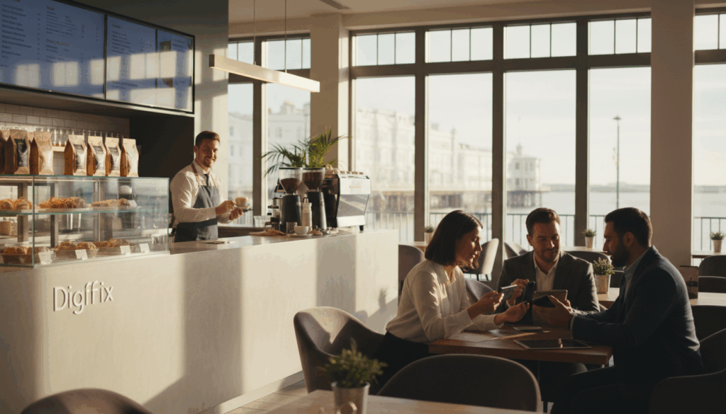 A Modern, Stylish Café Setting In Brighton, With A Sleek Counter Displaying Premium Brand Products Like Artisanal Pastries And Specialty Coffee. In The Foreground, Diverse Professionals In Smart Business Attire Are Engaging With Their Smartphones And Tablets, Interacting With Social Media Platforms. The Middle Ground Features A Chic, Well-Dressed Barista Serving A Customer, Who Is Taking A Picture Of Their Drink For Social Media. The Background Shows Large Windows Letting In Warm, Natural Light, With Hints Of Brighton'S Coastal Architecture Visible Outside. The Atmosphere Is Lively And Collaborative, Evoking A Sense Of Community And Connection. The Brand Name &Quot;Digifix&Quot; Is Subtly Incorporated Into The Café'S Branding, Perhaps On A Menu Or A Digital Screen. A Soft Focus Lens Captures The Vibrant Colors While Maintaining Clarity On The Main Subjects. A Modern, Stylish Café Setting In Brighton, With A Sleek Counter Displaying Premium Brand Products Like Artisanal Pastries And Specialty Coffee. In The Foreground, Diverse Professionals In Smart Business Attire Are Engaging With Their Smartphones And Tablets, Interacting With Social Media Platforms. The Middle Ground Features A Chic, Well-Dressed Barista Serving A Customer, Who Is Taking A Picture Of Their Drink For Social Media. The Background Shows Large Windows Letting In Warm, Natural Light, With Hints Of Brighton'S Coastal Architecture Visible Outside. The Atmosphere Is Lively And Collaborative, Evoking A Sense Of Community And Connection. The Brand Name &Quot;Digifix&Quot; Is Subtly Incorporated Into The Café'S Branding, Perhaps On A Menu Or A Digital Screen. A Soft Focus Lens Captures The Vibrant Colors While Maintaining Clarity On The Main Subjects.