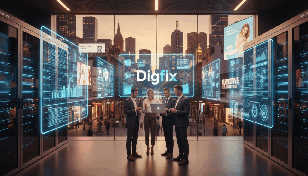 A Modern Web Infrastructure Concept Set In The Bustling Melbourne Cbd. In The Foreground, Show A Sleek, High-Tech Server Room With Glowing Servers, Digital Displays Showcasing Data Flow, And A Team Of Three Professionals In Business Attire Collaborating Over A Laptop. In The Middle Ground, Depict A Dynamic Urban Environment With Visuals Of Elizabeth Street: Contemporary Storefronts, People Engaging With Technology, And Digital Billboards Promoting Local Businesses. The Background Features Melbourne&rsquo;s Iconic Skyline At Dusk, Bathed In Ambient City Lights. Use Warm, Inviting Lighting To Create A Sense Of Innovation And Collaboration. The Atmosphere Should Evoke Excitement And Growth, Symbolizing The Success Of Startups In The Tech Sector, Prominently Featuring The Brand Name &ldquo;Digifix&rdquo; On A Display Within The Server Room.