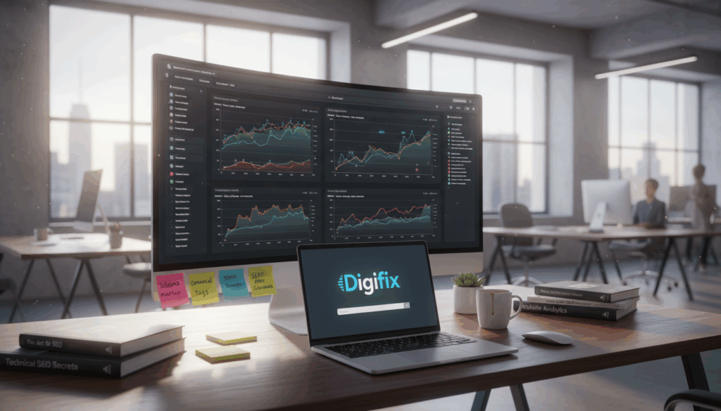 A Modern Workspace Featuring Various Technical Seo Analysis Tools, With A Sleek Computer Monitor Displaying Intricate Graphs And Charts Related To Website Performance. In The Foreground, A Laptop Is Open, Displaying The &Quot;Digifix&Quot; Logo Prominently On Its Screen. The Middle Ground Includes A Desk With Seo-Related Books And A Colorful Assortment Of Sticky Notes For Brainstorming Keywords. The Background Shows A Bright Office With Large Windows Allowing Natural Light To Illuminate The Scene, Creating A Productive Atmosphere. The Camera Angle Is Slightly Above Eye Level, Capturing The Essence Of A Focused Work Environment. Use Soft, Natural Lighting To Enhance The Professional And Analytical Mood Of The Image, Emphasizing Clarity And Detail In The Workspace.