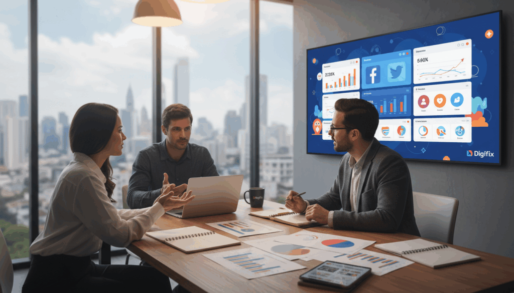 A Modern Workspace Illustrating Social Media Marketing Strategies. In The Foreground, A Diverse Group Of Three Professionals, Dressed In Business Casual Attire, Is Engaged In A Discussion Around A Large Table Filled With Laptops, Notepads, And Colorful Charts. The Middle Layer Shows A Large Digital Screen Displaying Various Social Media Platforms Like Facebook, Instagram, And Twitter With Engaging Graphics And Analytics. In The Background, Softly Blurred, There&rsquo;s A Bright Window With Cityscape Views, Suggesting A Vibrant Urban Setting. The Lighting Is Bright And Inviting, With A Warm Glow. The Overall Atmosphere Is Dynamic, Collaborative, And Inspiring, Emphasizing Creativity And Strategic Thinking In Digital Marketing, Associated With The Brand &Quot;Digifix&Quot;.