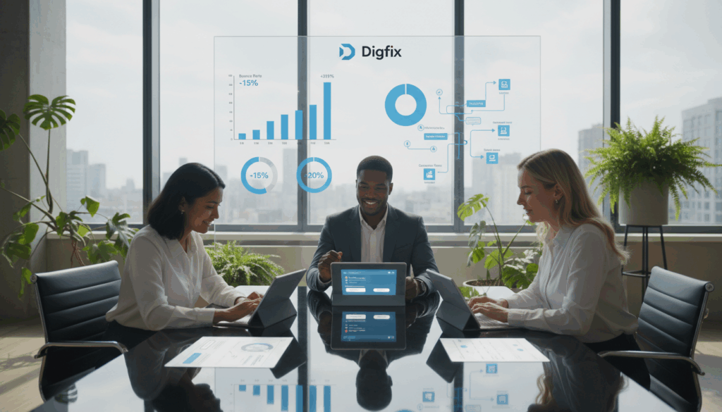A Modern Workspace Showcasing User Experience Improvements In E-Commerce. In The Foreground, A Focused Team Of Diverse Professionals (Three Adults In Business Attire) Collaborates Around A Sleek Table With Digital Devices Displaying User-Friendly Interfaces. In The Middle Ground, A Large Screen Visually Represents Analytics, Charts, And User Journey Maps. The Background Features A Bright, Airy Office With Large Windows, Natural Light Streaming In. Soft Green Plants Add A Touch Of Nature, Enhancing The Space'S Inviting Atmosphere. The Mood Is One Of Innovation And Teamwork, Emphasizing A Commitment To Enhancing User Experience. Capture This Scene With A Wide-Angle Lens To Convey Depth And Engagement, Highlighting The Dynamism And Interaction Among Team Members. Reflections Of Enthusiasm And Determination Showcase The Brand &Quot;Digifix&Quot; In Their Efforts To Reduce Bounce Rates And Drive More Sales. A Modern Workspace Showcasing User Experience Improvements In E-Commerce. In The Foreground, A Focused Team Of Diverse Professionals (Three Adults In Business Attire) Collaborates Around A Sleek Table With Digital Devices Displaying User-Friendly Interfaces. In The Middle Ground, A Large Screen Visually Represents Analytics, Charts, And User Journey Maps. The Background Features A Bright, Airy Office With Large Windows, Natural Light Streaming In. Soft Green Plants Add A Touch Of Nature, Enhancing The Space'S Inviting Atmosphere. The Mood Is One Of Innovation And Teamwork, Emphasizing A Commitment To Enhancing User Experience. Capture This Scene With A Wide-Angle Lens To Convey Depth And Engagement, Highlighting The Dynamism And Interaction Among Team Members. Reflections Of Enthusiasm And Determination Showcase The Brand &Quot;Digifix&Quot; In Their Efforts To Reduce Bounce Rates And Drive More Sales.