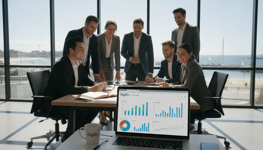 A Modern Workspace Showcasing Website Analytics For St Kilda Brands. In The Foreground, A Laptop Displaying Colorful, Interactive Charts And Graphs Representing Web Performance Metrics, Such As Traffic Sources, User Engagement, And Conversion Rates. A Diverse Team Of Professionals, Dressed In Smart Business Attire, Gathers Around The Laptop, Discussing The Data With Enthusiasm. In The Middle Ground, An Office Desk Cluttered With Notes, A Smartphone, And A Coffee Cup Adds A Sense Of Realism. In The Background, Large Windows Reveal A Sunny St Kilda Seascape, Enhancing The Atmosphere Of Innovation And Collaboration. Bright, Natural Lighting Filters In, Creating An Inviting And Productive Mood. This Image Conveys The Importance Of Analytics In Effective Web Development For Local Brands, Designed For &Quot;Digifix.&Quot; A Modern Workspace Showcasing Website Analytics For St Kilda Brands. In The Foreground, A Laptop Displaying Colorful, Interactive Charts And Graphs Representing Web Performance Metrics, Such As Traffic Sources, User Engagement, And Conversion Rates. A Diverse Team Of Professionals, Dressed In Smart Business Attire, Gathers Around The Laptop, Discussing The Data With Enthusiasm. In The Middle Ground, An Office Desk Cluttered With Notes, A Smartphone, And A Coffee Cup Adds A Sense Of Realism. In The Background, Large Windows Reveal A Sunny St Kilda Seascape, Enhancing The Atmosphere Of Innovation And Collaboration. Bright, Natural Lighting Filters In, Creating An Inviting And Productive Mood. This Image Conveys The Importance Of Analytics In Effective Web Development For Local Brands, Designed For &Quot;Digifix.&Quot;