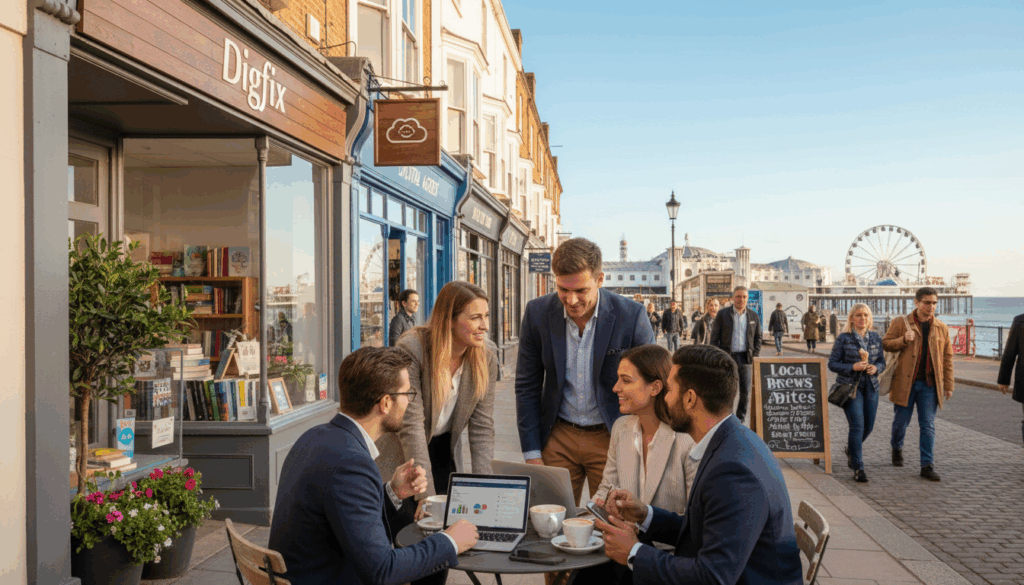 A Picturesque Snapshot Of Brighton Showcasing Its Vibrant Local Atmosphere, Featuring A Lively Street Scene With Small Businesses And Cafes. In The Foreground, A Diverse Group Of Professionals In Smart Casual Attire Discuss Strategy Over Coffee, Analyzing Their Social Media On Laptops And Smartphones. The Middle Ground Highlights Charming Local Shops With Colorful Window Displays, Inviting Signage, And A Few Pedestrians Enjoying The Sunny Day. In The Background, The Iconic Brighton Pier Can Be Seen Shimmering Against A Clear Blue Sky. Soft Natural Lighting Bathes The Scene, Creating A Warm, Inviting Mood. Capture This Essence Of Community Engagement And Local Seo Vibrancy, Subtly Incorporating The Brand Logo &Quot;Digifix&Quot; On A Shop Sign, Ensuring It Complements The Overall Image Without Drawing Attention Away. A Picturesque Snapshot Of Brighton Showcasing Its Vibrant Local Atmosphere, Featuring A Lively Street Scene With Small Businesses And Cafes. In The Foreground, A Diverse Group Of Professionals In Smart Casual Attire Discuss Strategy Over Coffee, Analyzing Their Social Media On Laptops And Smartphones. The Middle Ground Highlights Charming Local Shops With Colorful Window Displays, Inviting Signage, And A Few Pedestrians Enjoying The Sunny Day. In The Background, The Iconic Brighton Pier Can Be Seen Shimmering Against A Clear Blue Sky. Soft Natural Lighting Bathes The Scene, Creating A Warm, Inviting Mood. Capture This Essence Of Community Engagement And Local Seo Vibrancy, Subtly Incorporating The Brand Logo &Quot;Digifix&Quot; On A Shop Sign, Ensuring It Complements The Overall Image Without Drawing Attention Away.