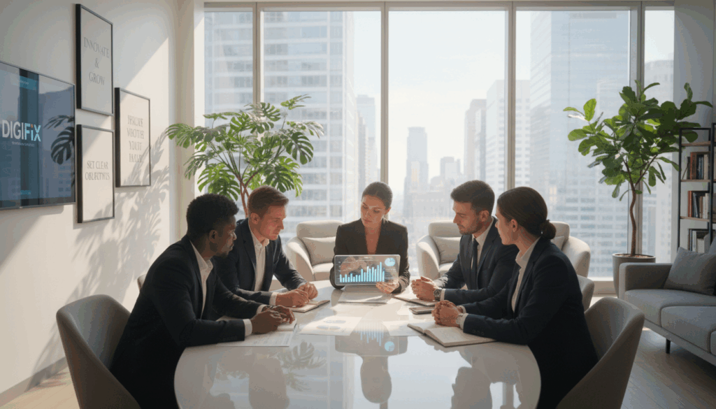 A Pristine Office Environment Embodies The Essence Of Business Objectives. In The Foreground, A Diverse Group Of Professionals In Business Attire&mdash;Men And Women Of Various Ethnicities&mdash;Are Engaged In A Focused Discussion Around A Sleek Conference Table, Examining Charts And Graphs Displayed On A High-Tech Tablet. In The Middle Ground, A Large Window Reveals A Cityscape Bathed In Natural Light, Signifying Growth And Opportunity. On The Walls, Framed Inspirational Quotes And Motivational Visuals Symbolize Target Goals. The Background Features Modern Office Decor With Greenery, Enhancing The Inviting Atmosphere. The Lighting Is Soft Yet Vibrant, Evoking A Sense Of Determination And Ambition. The Scene Conveys An Energetic Mood As The Team Collaboratively Sets Clear Objectives For Their Digital Marketing Strategy For Digifix, All While Maintaining Professionalism And Focus.