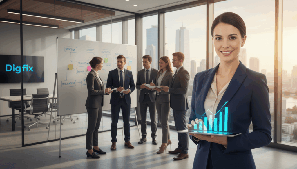 A Professional Business Consultant Standing Confidently In The Foreground, Wearing Smart Business Attire, Holding A Digital Tablet Displaying Graphs And Charts. In The Middle, A Diverse Group Of Professionals Engaged In A Strategic Meeting, Brainstorming Ideas With Sticky Notes And Diagrams On A Whiteboard. The Background Features An Elegant Office Environment With Large Windows Letting In Natural Light, Showcasing A City Skyline, Symbolizing Growth And Authority. The Composition Captures A Sense Of Collaboration And Strategic Thinking, With Warm, Inviting Lighting That Creates A Positive Atmosphere. The Image Conveys The Essence Of Authority Building Strategies, With A Visual Representation Of Teamwork And Innovation, Branded With The Logo Of &Quot;Digifix&Quot; Subtly Incorporated Within The Office Environment. A Professional Business Consultant Standing Confidently In The Foreground, Wearing Smart Business Attire, Holding A Digital Tablet Displaying Graphs And Charts. In The Middle, A Diverse Group Of Professionals Engaged In A Strategic Meeting, Brainstorming Ideas With Sticky Notes And Diagrams On A Whiteboard. The Background Features An Elegant Office Environment With Large Windows Letting In Natural Light, Showcasing A City Skyline, Symbolizing Growth And Authority. The Composition Captures A Sense Of Collaboration And Strategic Thinking, With Warm, Inviting Lighting That Creates A Positive Atmosphere. The Image Conveys The Essence Of Authority Building Strategies, With A Visual Representation Of Teamwork And Innovation, Branded With The Logo Of &Quot;Digifix&Quot; Subtly Incorporated Within The Office Environment.