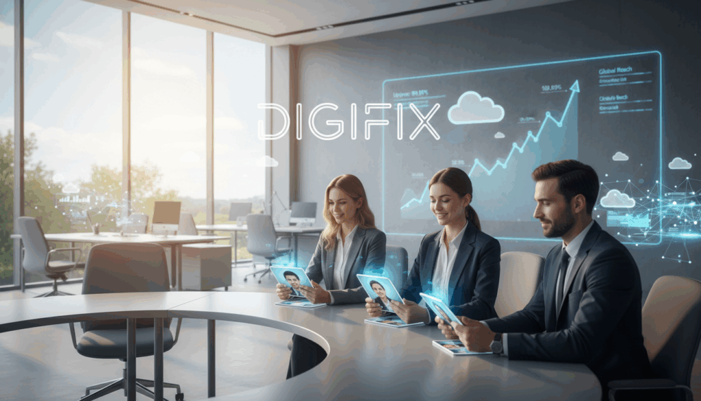 A Professional Business Environment Showcasing A Modern Cloud Voip Provider, Digifix, In Action. In The Foreground, Depict A Diverse Team Of Three Individuals In Professional Business Attire, Engaged In A Video Conferencing Call Using Sleek Devices. The Middle Ground Features A Bright, Airy Office Space With Large Windows, Reflecting A Sunny Day Outside. Include Stylish Furniture And Technology Elements Symbolizing Connectivity, Such As Cloud Icons And Digital Interfaces. In The Background, A Wall Displays An Informative Graph Illustrating Communication Statistics. Ensure Warm, Natural Lighting Enhances The Atmosphere, Creating A Welcoming And Productive Vibe. Capture The Essence Of Flexible And Efficient Business Communication In A Contemporary Setting.