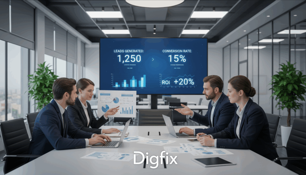 A Professional Business Environment Showcasing The Challenges And Solutions Of B2B Lead Generation. In The Foreground, A Diverse Group Of Four Business Professionals (Two Men And Two Women) Dressed In Smart Business Attire Are Engaged In A Brainstorming Session Around A Table Filled With Laptops And Documents Depicting Charts And Graphs. The Middle Ground Features A Large Digital Screen Displaying Key Performance Metrics, Such As Lead Generation Statistics. In The Background, Modern Office Architecture With Glass Partitions And Greenery Adds Depth. The Lighting Is Bright And Focused, Creating An Energetic Atmosphere That Reflects Innovation And Collaboration. A Sleek Logo Of &Quot;Digifix&Quot; Subtly Appears On A Document On The Table. The Overall Mood Is Dynamic And Solution-Oriented, Emphasizing Teamwork And Strategic Problem-Solving In The Business Context. A Professional Business Environment Showcasing The Challenges And Solutions Of B2B Lead Generation. In The Foreground, A Diverse Group Of Four Business Professionals (Two Men And Two Women) Dressed In Smart Business Attire Are Engaged In A Brainstorming Session Around A Table Filled With Laptops And Documents Depicting Charts And Graphs. The Middle Ground Features A Large Digital Screen Displaying Key Performance Metrics, Such As Lead Generation Statistics. In The Background, Modern Office Architecture With Glass Partitions And Greenery Adds Depth. The Lighting Is Bright And Focused, Creating An Energetic Atmosphere That Reflects Innovation And Collaboration. A Sleek Logo Of &Quot;Digifix&Quot; Subtly Appears On A Document On The Table. The Overall Mood Is Dynamic And Solution-Oriented, Emphasizing Teamwork And Strategic Problem-Solving In The Business Context.