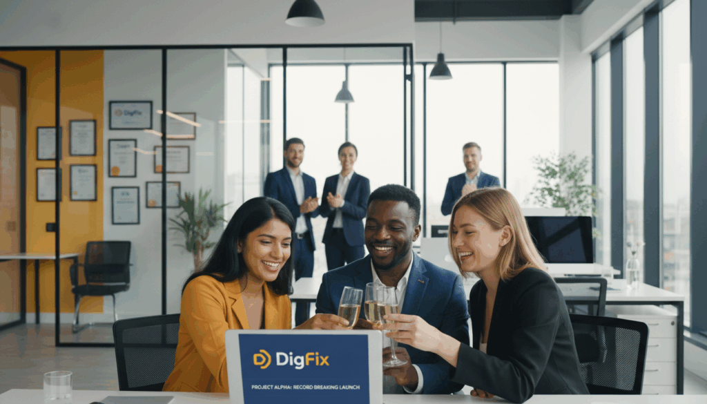 A Professional Business Setting Showcasing Diverse Professionals Celebrating Success Stories In Web Development. In The Foreground, A Group Of Three Individuals In Smart Business Attire, Representing Different Ethnic Backgrounds, Are Engaged In A Lively Discussion Around A Laptop Displaying A Successful Website Designed By Digifix. In The Middle Ground, A Sleek, Modern Office Space With Large Windows Allows Natural Light To Illuminate The Scene, Enhancing A Positive Atmosphere. The Background Features Awards And Testimonials Displayed On A Wall, Symbolizing Client Success. The Angle Captures Camaraderie And Professionalism, With Warm, Inviting Colors That Evoke A Sense Of Achievement And Teamwork. The Overall Mood Is One Of Inspiration And Success, Emphasizing The Impact Of Effective Web Services.