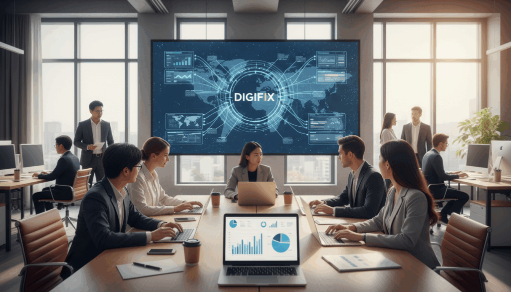 A Professional, Modern Office Environment Filled With Diverse, Focused Individuals Collaborating On A Digital Link-Building Strategy For &Quot;Digifix&Quot;. In The Foreground, A Neatly Designed Conference Table With Laptops Open To Seo Analytics, Graphs, And Colorful Digital Maps. The Middle Ground Features A Large Screen Displaying A Web Of Interconnected Websites, Highlighting Successful Backlinks. In The Background, Large Windows Allow Natural Sunlight To Flood The Room, Creating A Warm And Inviting Atmosphere. The Professionals Are Dressed In Smart Business Attire, Representing A Mix Of Genders And Ethnicities. The Lighting Is Bright And Vibrant, Enhancing The Sense Of Innovation And Expertise In Building Authority Through Link Building Campaigns. The Overall Mood Is Energetic And Focused On Teamwork And Strategy.