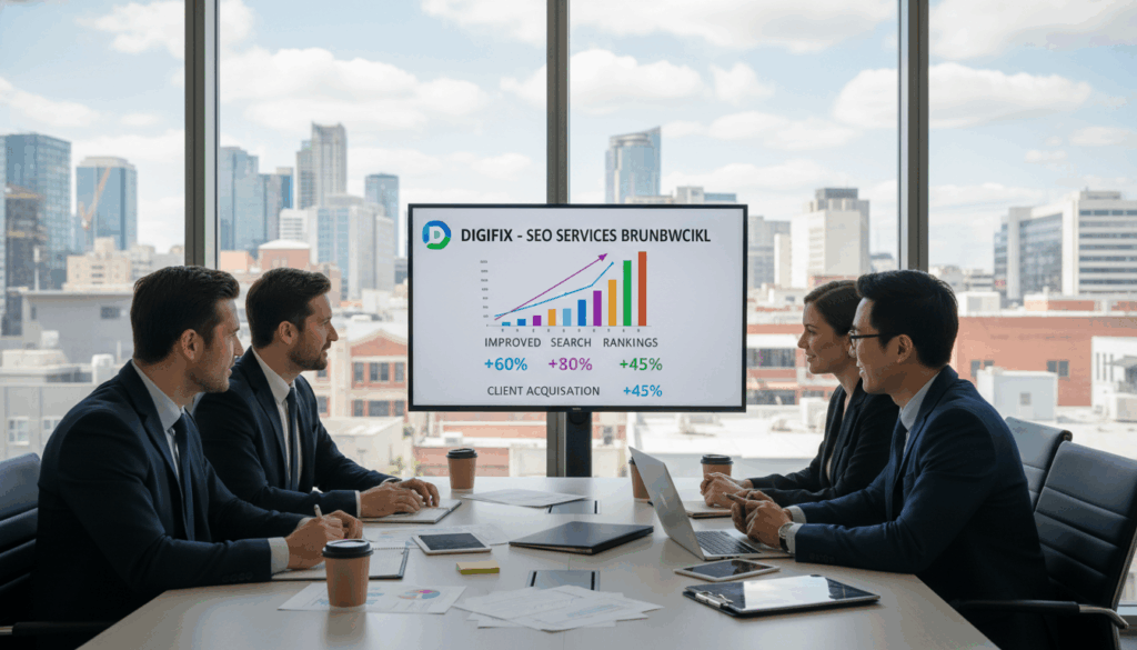 A Professional Office Environment Illustrating A Successful Digital Marketing Consultation For &Quot;Digifix,&Quot; A Seo Service Provider In Brunswick. In The Foreground, A Diverse Team Of Three Professionals, Dressed In Business Attire, Engaged In A Strategy Meeting Around A Modern Conference Table Loaded With Laptops And Documents. The Middle Ground Features A Large Digital Screen Displaying Impressive Graphs And Statistics Showing Improved Search Rankings And Client Acquisition Metrics. The Background Showcases Glass Windows Revealing A Vibrant Brunswick Skyline, With Natural Light Flooding The Room, Creating An Optimistic And Energetic Atmosphere. The Scene Is Captured From A Slightly Elevated Angle, Emphasizing Collaboration And Success In Digital Marketing Efforts, Conveying Professionalism And Achievement.