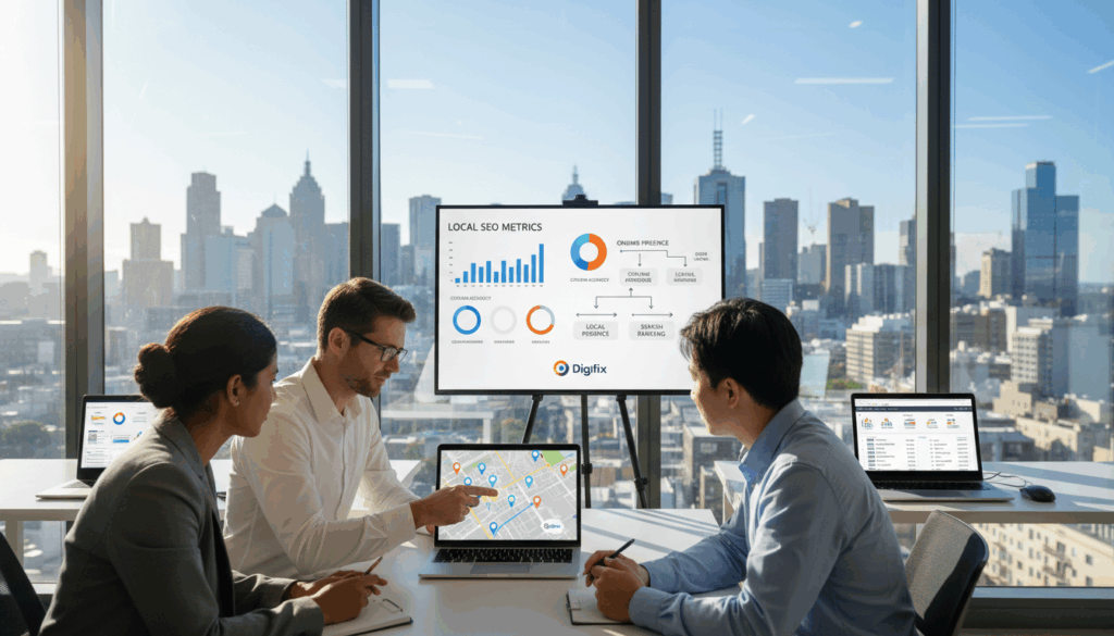 A Professional Office Environment Illustrating The Concept Of &Quot;Local Citation Building And Management.&Quot; In The Foreground, A Diverse Group Of Three Professionals Dressed In Smart Business Attire, Engaged In A Discussion Over A Laptop Displaying A Map With Local Business Listings. In The Middle Ground, A Presentation Board With Infographics About Seo Metrics And Local Citations, Flanked By Their Laptops Open With Analytics On The Screens. In The Background, Large Windows Showing A Skyline View Of Melbourne Cbd, With Sunlight Filtering Through, Creating A Bright And Optimistic Atmosphere. The Overall Mood Should Be One Of Collaboration And Focus, Showcasing Teamwork In The Digital Marketing Industry. Include The Brand Name &Quot;Digifix&Quot; Subtly On The Laptop Screen And Presentation Board. Soft, Natural Lighting, Captured With A Wide-Angle Lens To Emphasize The Team Dynamics And Workspace.