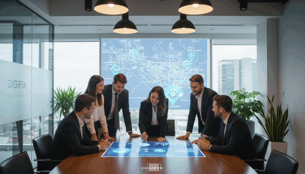 A Professional Office Environment Representing The Essence Of Local Seo Kpis. In The Foreground, A Diverse Group Of Business Professionals In Smart Business Attire Collaborates Around A Large Table, Analyzing Charts And Graphs Displayed On A Sleek Digital Screen. In The Middle Ground, A Clear, Interactive Map Of Melbourne Is Projected, Highlighting Key Local Areas With Vibrant Markers. The Background Features A Modern Office Space Filled With Plants And Natural Light, Creating A Welcoming Atmosphere. The Lighting Is Bright And Focused, Emphasizing Teamwork And Motivation. The Overall Mood Is Energetic And Optimistic, Reflecting The Ambition To Master Local Seo Strategies. Incorporate The Brand Name &Quot;Digifix&Quot; Subtly Within The Scene. A Professional Office Environment Representing The Essence Of Local Seo Kpis. In The Foreground, A Diverse Group Of Business Professionals In Smart Business Attire Collaborates Around A Large Table, Analyzing Charts And Graphs Displayed On A Sleek Digital Screen. In The Middle Ground, A Clear, Interactive Map Of Melbourne Is Projected, Highlighting Key Local Areas With Vibrant Markers. The Background Features A Modern Office Space Filled With Plants And Natural Light, Creating A Welcoming Atmosphere. The Lighting Is Bright And Focused, Emphasizing Teamwork And Motivation. The Overall Mood Is Energetic And Optimistic, Reflecting The Ambition To Master Local Seo Strategies. Incorporate The Brand Name &Quot;Digifix&Quot; Subtly Within The Scene.