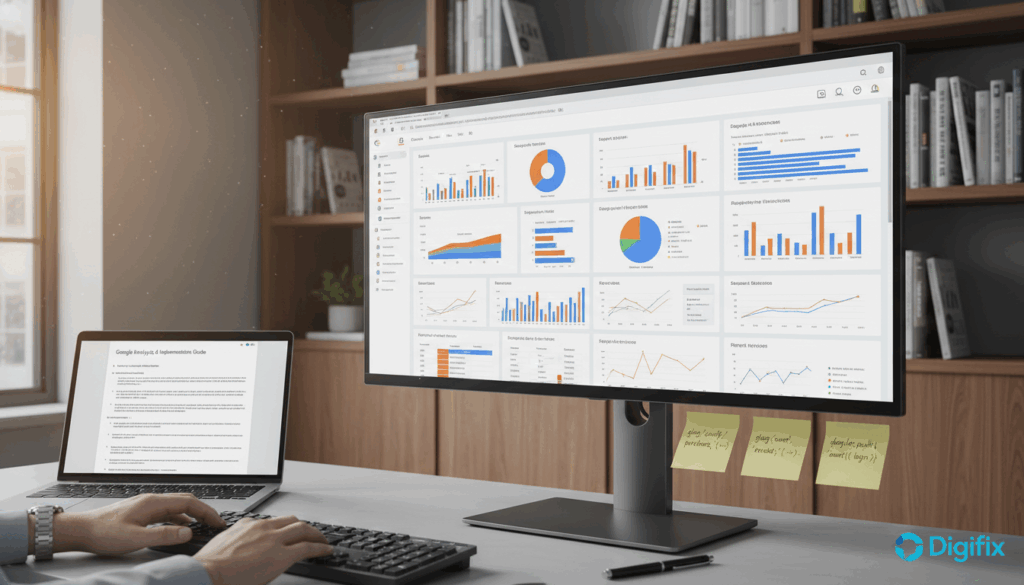 A Professional Office Environment Showcasing A Sleek, Modern Workspace. In The Foreground, There Is A Desktop Computer Screen Displaying A Google Analytics 4 Dashboard Filled With Colorful Graphs And Metrics. A Hand Is Depicted On The Keyboard, Ready To Implement The Ga4 Tracking Code, Which Is Noted In Code Snippets On Sticky Notes Beside The Monitor. In The Middle, A Laptop Is Opened With A Technical Document Detailing Step-By-Step Ga4 Implementation, Featuring The &Quot;Digifix&Quot; Logo Subtly In The Corner. The Background Includes Shelves Filled With Books On Digital Marketing And Analytics, Soft Natural Light Pouring In From A Window, Creating A Productive And Focused Atmosphere. The Angle Is Slightly Tilted To Capture Both The Screen And The Documentation, Evoking A Sense Of Action And Professionalism.