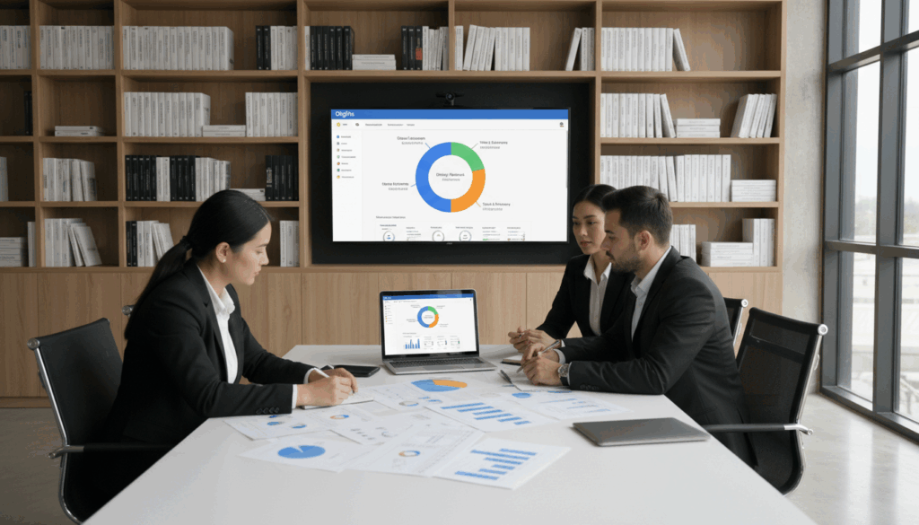 A Professional Office Setting Depicting Budget Allocation Strategies For Digital Marketing, Focusing On Google Ads. In The Foreground, Three Business Professionals In Smart Attire, Two Men And One Woman, Are Gathered Around A Large Table Filled With Documents, Charts, And A Laptop Showing A Google Ads Dashboard. The Middle Layer Features A Large Visual Budget Pie Chart Prominently Displayed On A Screen, Illustrating Campaign Allocations In Vivid Colors Like Blue, Green, And Orange. In The Background, Office Shelves Filled With Marketing Books And A Large Window Letting In Natural Light Creates A Bright, Inspiring Atmosphere. Soft Shadows Cast Across The Room Enhance Depth. The Mood Is Focused And Collaborative, Embodying The Theme Of Strategic Financial Planning. The Brand Name &Quot;Digifix&Quot; Subtly Integrated Into The Laptop Screen Graphics.
