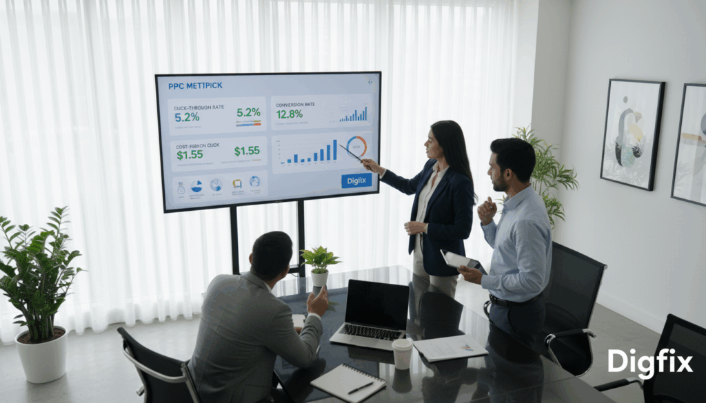 A Professional Office Setting With A Modern Aesthetic, Focusing On A Large Digital Display Showing Various Ppc Metrics Like Click-Through Rates, Conversion Rates, And Cost-Per-Click Data. In The Foreground, A Diverse Group Of Three Business Professionals (Two Men And One Woman) Dressed In Smart Business Attire, Intently Discussing The Metrics While Pointing At The Screen. The Middle Section Showcases A Sleek Conference Table With A Laptop, Notepad, And A Cup Of Coffee. The Background Features Large Windows Draped With Sheer Curtains, Allowing Soft, Natural Light To Illuminate The Scene, Creating A Collaborative And Focused Atmosphere. The Image Is Branded With The Logo &Quot;Digifix&Quot; Subtly Integrated Into The Digital Display. Capture This Scene From An Angle That Emphasizes Teamwork And Engagement In Ppc Optimization. A Professional Office Setting With A Modern Aesthetic, Focusing On A Large Digital Display Showing Various Ppc Metrics Like Click-Through Rates, Conversion Rates, And Cost-Per-Click Data. In The Foreground, A Diverse Group Of Three Business Professionals (Two Men And One Woman) Dressed In Smart Business Attire, Intently Discussing The Metrics While Pointing At The Screen. The Middle Section Showcases A Sleek Conference Table With A Laptop, Notepad, And A Cup Of Coffee. The Background Features Large Windows Draped With Sheer Curtains, Allowing Soft, Natural Light To Illuminate The Scene, Creating A Collaborative And Focused Atmosphere. The Image Is Branded With The Logo &Quot;Digifix&Quot; Subtly Integrated Into The Digital Display. Capture This Scene From An Angle That Emphasizes Teamwork And Engagement In Ppc Optimization.