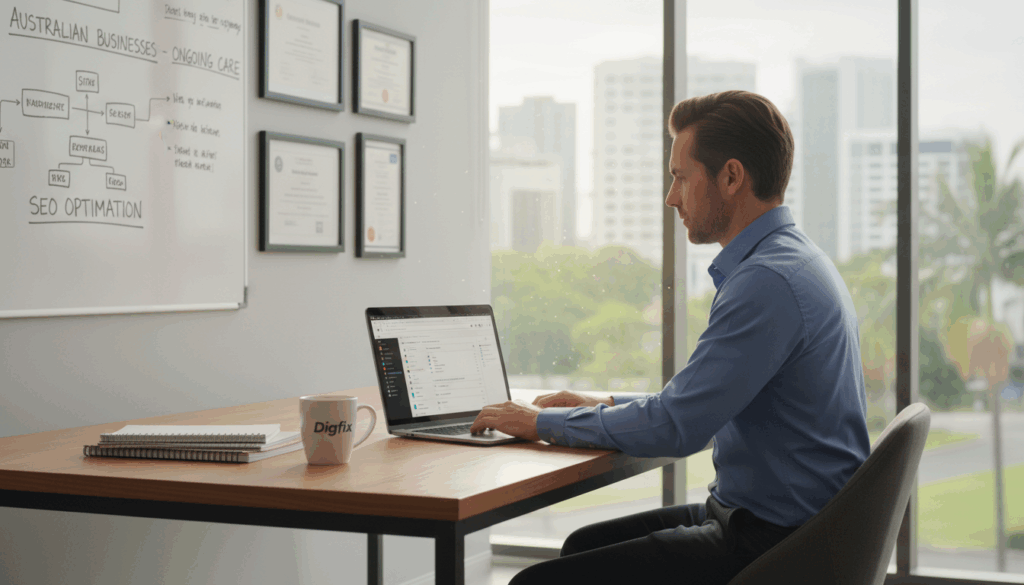 A Professional Workspace Dedicated To Wordpress Maintenance, Featuring A Desk With A Laptop Displaying A Wordpress Dashboard. In The Foreground, A Business Professional In Smart Casual Attire Is Focused On The Screen, Surrounded By Notepads And A Coffee Mug With The Brand Name &Quot;Digifix&Quot; Clearly Visible. The Middle Layer Showcases A Wall With Framed Certificates And A Whiteboard Filled With Project Notes And Tech Diagrams, Emphasizing Organization And Expertise. The Background Includes A Large Window With Natural Light Pouring In, Creating A Warm And Inviting Atmosphere. Use Soft, Diffused Lighting To Enhance The Professionalism And Focus Of The Scene. Aim For A Perspective That Invites The Viewer Into The Workspace, Capturing The Essence Of Reliable Website Maintenance Services Specifically Tailored For Australian Businesses.