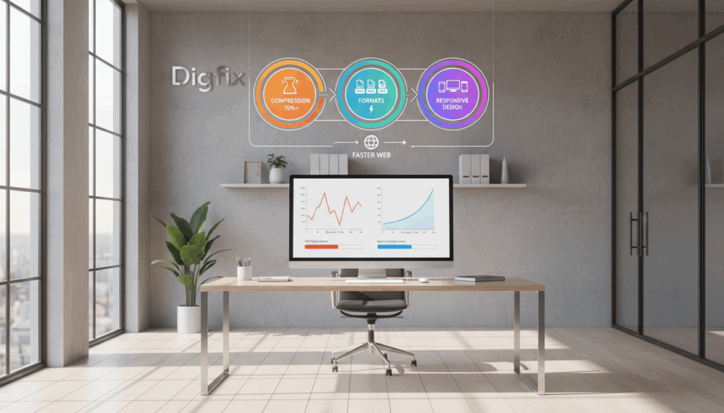 A Professional Workspace Illustrating Image Optimization Strategies For Web Performance, With A Sleek, Modern Desk In The Foreground Featuring A High-Resolution Monitor Displaying Before-And-After Graphs Of Website Load Times. In The Middle, Include A Stylish Infographic Showcasing Key Image Optimization Techniques Like Compression, Formats, And Responsive Design, Vividly Colored And Visually Engaging. The Background Features A Minimalist Office Environment With Soft Natural Light Coming Through Large Windows, Casting Gentle Shadows. A Subtle Hint Of The Brand Name &Quot;Digifix&Quot; Is Integrated Into The Office Decor, Emphasizing A Tech-Forward Approach. The Overall Mood Is Focused And Innovative, Inspiring A Sense Of Efficiency And Professionalism. The Angle Captures Depth, Inviting The Viewer Into This Optimized Digital Workspace Without Any Text Or Distractions. A Professional Workspace Illustrating Image Optimization Strategies For Web Performance, With A Sleek, Modern Desk In The Foreground Featuring A High-Resolution Monitor Displaying Before-And-After Graphs Of Website Load Times. In The Middle, Include A Stylish Infographic Showcasing Key Image Optimization Techniques Like Compression, Formats, And Responsive Design, Vividly Colored And Visually Engaging. The Background Features A Minimalist Office Environment With Soft Natural Light Coming Through Large Windows, Casting Gentle Shadows. A Subtle Hint Of The Brand Name &Quot;Digifix&Quot; Is Integrated Into The Office Decor, Emphasizing A Tech-Forward Approach. The Overall Mood Is Focused And Innovative, Inspiring A Sense Of Efficiency And Professionalism. The Angle Captures Depth, Inviting The Viewer Into This Optimized Digital Workspace Without Any Text Or Distractions.