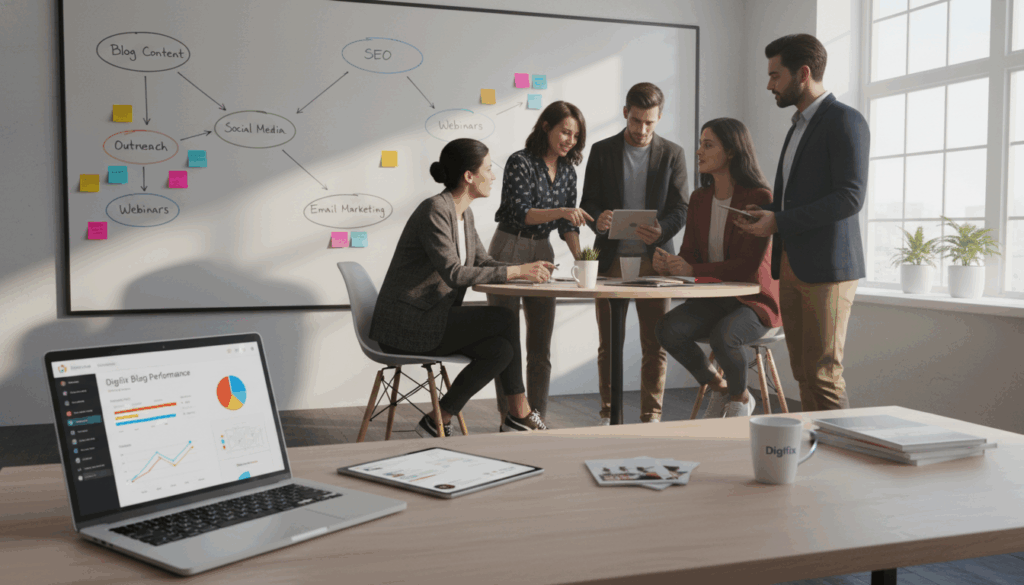A Professional Workspace Showcasing The Integration Of Blog Content Within A Marketing Ecosystem. In The Foreground, A Sleek Laptop Open To A Vibrant Blog Dashboard With Graphs And Analytics Displayed. In The Middle, A Diverse Group Of Professionals, Dressed In Smart Business Casual Attire, Collaborating Over Content Ideas, Surrounded By Digital Devices Like Tablets And Smartphones. The Background Features A Large Whiteboard Filled With Flowcharts And Post-It Notes Illustrating A Marketing Strategy. Soft, Natural Light Filters Through Large Windows, Creating A Warm And Inviting Atmosphere. The Mood Is Energetic And Focused, Capturing The Essence Of Teamwork In Content Amplification. Brand Elements Subtly Integrated, With &Quot;Digifix&Quot; Represented On The Laptop Screen And Branding Materials On The Desk.
