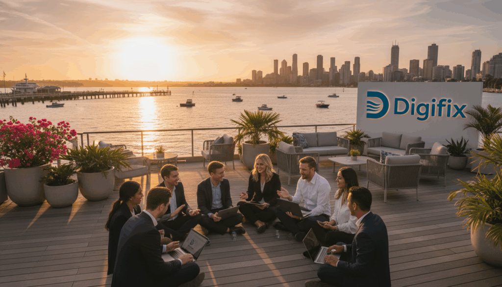 A Serene Waterfront Scene Showcasing A Vibrant Digital Marketing Agency Atmosphere In Port Melbourne, Specifically The Brand &Quot;Digifix&Quot;. In The Foreground, A Diverse Group Of Professionals In Smart Casual Attire Is Engaged In A Lively Storytelling Session, With Laptops And Digital Devices. The Middle Ground Features A Cozy Outdoor Terrace Overlooking Calm Waters, Adorned With Colorful Plants And Contemporary Furniture. In The Background, The Iconic Port Melbourne Pier And City Skyline Can Be Seen Under A Warm, Golden Sunset, Casting Soft Reflections On The Water. The Overall Mood Is Creative And Inspiring, Inviting Viewers To Connect With The Essence Of Waterfront Storytelling In A Professional Environment. Use Soft, Natural Lighting To Enhance The Inviting Atmosphere And Focus On A Wide-Angle Perspective To Capture The Entire Scene. A Serene Waterfront Scene Showcasing A Vibrant Digital Marketing Agency Atmosphere In Port Melbourne, Specifically The Brand &Quot;Digifix&Quot;. In The Foreground, A Diverse Group Of Professionals In Smart Casual Attire Is Engaged In A Lively Storytelling Session, With Laptops And Digital Devices. The Middle Ground Features A Cozy Outdoor Terrace Overlooking Calm Waters, Adorned With Colorful Plants And Contemporary Furniture. In The Background, The Iconic Port Melbourne Pier And City Skyline Can Be Seen Under A Warm, Golden Sunset, Casting Soft Reflections On The Water. The Overall Mood Is Creative And Inspiring, Inviting Viewers To Connect With The Essence Of Waterfront Storytelling In A Professional Environment. Use Soft, Natural Lighting To Enhance The Inviting Atmosphere And Focus On A Wide-Angle Perspective To Capture The Entire Scene.