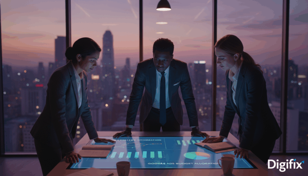 A Sleek And Modern Office Environment Serves As The Backdrop, With A Large Window Showcasing A City Skyline During Dusk, Casting A Warm Glow Across The Room. In The Foreground, A Diverse Team Of Three Professionals In Smart Business Attire Collaborates Over A Large Digital Screen Displaying Graphs And Charts Related To Bid Strategy Optimization For Google Ads. The Middle Ground Features A Well-Organized Workspace With Documents And Coffee Cups, Emphasizing Focus And Productivity. Soft Lighting Accentuates The Team's Expressions Of Determination And Insight. The Image Conveys A Sense Of Innovation And Strategic Thinking, With A Professional Atmosphere Underscoring The Importance Of Data-Driven Decisions In Budget Allocation. Include The Brand Logo &Quot;Digifix&Quot; Subtly Integrated Into The Digital Screen Graphics. A Sleek And Modern Office Environment Serves As The Backdrop, With A Large Window Showcasing A City Skyline During Dusk, Casting A Warm Glow Across The Room. In The Foreground, A Diverse Team Of Three Professionals In Smart Business Attire Collaborates Over A Large Digital Screen Displaying Graphs And Charts Related To Bid Strategy Optimization For Google Ads. The Middle Ground Features A Well-Organized Workspace With Documents And Coffee Cups, Emphasizing Focus And Productivity. Soft Lighting Accentuates The Team's Expressions Of Determination And Insight. The Image Conveys A Sense Of Innovation And Strategic Thinking, With A Professional Atmosphere Underscoring The Importance Of Data-Driven Decisions In Budget Allocation. Include The Brand Logo &Quot;Digifix&Quot; Subtly Integrated Into The Digital Screen Graphics.