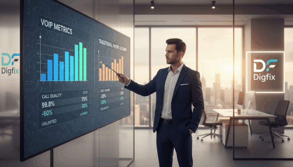 A Sleek And Modern Office Environment Showcasing A Side-By-Side Comparison Of Voip Metrics Versus Traditional Phone Systems. In The Foreground, A Large Digital Screen Displays Vibrant Graphs And Charts With Key Performance Indicators Such As Call Quality, Cost Savings, And Scalability, Highlighted With Colors Like Blue And Green. The Middle Of The Image Features A Well-Dressed Professional, Perhaps A Business Analyst, Attentively Pointing At The Screen. In The Background, The Office Has Large Windows Providing Natural Light, With A City Skyline View. Soft Focus Creates A Sense Of Depth, While Warm Lighting Adds A Professional And Inviting Atmosphere. The Brand Name &Quot;Digifix&Quot; Is Subtly Represented As Part Of The Office Decor, Emphasizing Innovation In Communication Technology.