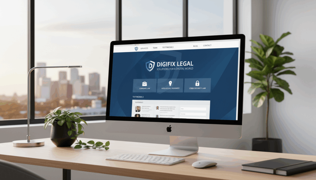 A Sleek And Modern Website Design For An Essendon Legal Firm, Featuring A Professional Aesthetic With A Clean Layout. In The Foreground, Display A Computer Screen Showcasing The Website Interface, With A Polished Navigation Bar And Visually Appealing Sections For Services, Testimonials, And Contact Information. The Middle Ground Features An Elegant Office Workspace, Decorated With Potted Plants And A Stylish Desk. In The Background, Hint At The Essendon Skyline Through A Large Window, Letting In Natural Light To Create A Warm Atmosphere. Soft Lighting Illuminates The Scene, Emphasizing The Professionalism And Expertise Of The Legal Firm. The Overall Mood Is Inviting And Sophisticated, With A Color Palette Of Blues And Whites. Incorporate The Brand Name &Quot;Digifix&Quot; Subtly On The Computer Screen.