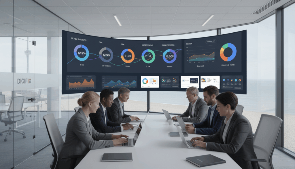 A Sleek, Modern Office Environment Showcasing A Vibrant Digital Dashboard Filled With Colorful Graphs And Metrics Representing Google Ads Kpis. In The Foreground, A Diverse Group Of Professionals In Business Attire, Focused On Their Work, Analyzing Data On Laptops And Tablets. The Middle Layer Features A Large, Clear Screen Displaying Key Performance Indicators Like Click-Through Rates And Cost Per Acquisition, Surrounded By Dynamic Visuals Of Ads And Website Traffic. In The Background, Large Windows Provide A Panoramic View Of Brighton’s Iconic Seafront, Under Soft, Natural Lighting That Enhances A Productive Atmosphere. The Overall Mood Is One Of Collaboration And Strategic Planning, Reflecting A Professional Setting Where Success Is Measured In More Than Just Conversions. The Brand “Digifix” Is Subtly Represented In The Workspace. A Sleek, Modern Office Environment Showcasing A Vibrant Digital Dashboard Filled With Colorful Graphs And Metrics Representing Google Ads Kpis. In The Foreground, A Diverse Group Of Professionals In Business Attire, Focused On Their Work, Analyzing Data On Laptops And Tablets. The Middle Layer Features A Large, Clear Screen Displaying Key Performance Indicators Like Click-Through Rates And Cost Per Acquisition, Surrounded By Dynamic Visuals Of Ads And Website Traffic. In The Background, Large Windows Provide A Panoramic View Of Brighton’s Iconic Seafront, Under Soft, Natural Lighting That Enhances A Productive Atmosphere. The Overall Mood Is One Of Collaboration And Strategic Planning, Reflecting A Professional Setting Where Success Is Measured In More Than Just Conversions. The Brand “Digifix” Is Subtly Represented In The Workspace.