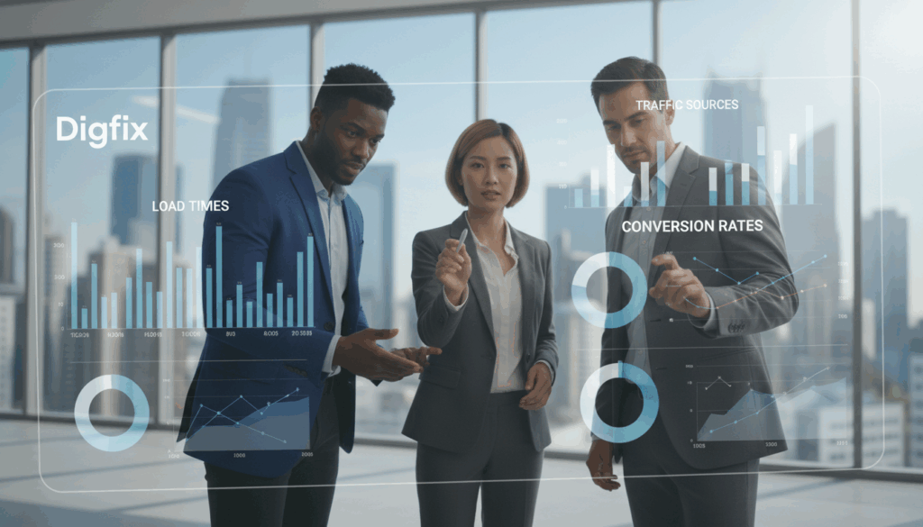 A Sleek, Modern Office Space Is Depicted In The Foreground, Featuring A Large Interactive Digital Screen Displaying Vibrant Website Performance Metrics Like Load Times, Traffic Sources, And Conversion Rates. In The Middle, A Diverse Group Of Three Professionals In Business Attire&mdash;One Woman Of Asian Descent, One Man Of African Descent, And One Hispanic Man&mdash;Analyze The Data Together, Pointing At The Screen With Focused Expressions. The Background Showcases A Contemporary Cityscape Through Large Glass Windows, Reflecting A Bright, Sunny Day. Soft, Natural Lighting Filters In, Creating A Warm And Collaborative Atmosphere. The Brand Name &ldquo;Digifix&rdquo; Is Subtly Featured On The Screen In A Polished Font, Blending Seamlessly Into The Professional Environment Without Text Overlays. The Image Captures The Essence Of Measuring Success And Post-Launch Analysis In Digital Performance.
