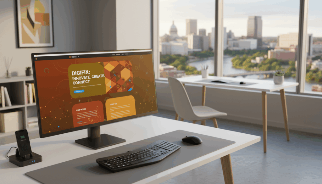 A Sleek, Modern Website Design Interface Displayed On A Computer Screen, Showcasing A Vibrant And Stylish Homepage For A Fictional Richmond-Based Business Named &Quot;Digifix&Quot;. The Foreground Features The Computer With A Clean, Minimalist Desk Adorned With Tech Gadgets. In The Middle Ground, An Inviting Office Space With Large Windows Allows Natural Light To Illuminate The Scene, Casting Soft Shadows. The Background Includes A Picturesque View Of The Richmond Skyline, Blending Urban Architecture With Green Parks. The Mood Is Professional Yet Creative, Emphasizing Innovation In Web Development. Use A Warm Color Palette For The Design On The Screen And Ensure The Lighting Highlights The Technology Aspects. Capture The Image From A Slightly Elevated Angle To Focus On The Screen While Including Elements Of The Office Environment. A Sleek, Modern Website Design Interface Displayed On A Computer Screen, Showcasing A Vibrant And Stylish Homepage For A Fictional Richmond-Based Business Named &Quot;Digifix&Quot;. The Foreground Features The Computer With A Clean, Minimalist Desk Adorned With Tech Gadgets. In The Middle Ground, An Inviting Office Space With Large Windows Allows Natural Light To Illuminate The Scene, Casting Soft Shadows. The Background Includes A Picturesque View Of The Richmond Skyline, Blending Urban Architecture With Green Parks. The Mood Is Professional Yet Creative, Emphasizing Innovation In Web Development. Use A Warm Color Palette For The Design On The Screen And Ensure The Lighting Highlights The Technology Aspects. Capture The Image From A Slightly Elevated Angle To Focus On The Screen While Including Elements Of The Office Environment.