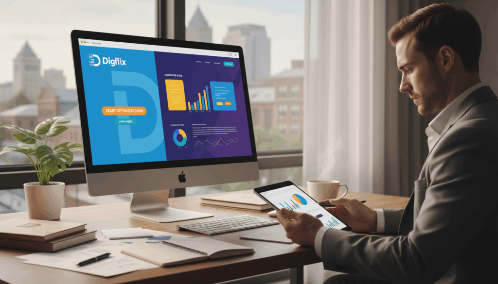 A Sleek Modern Workspace Showcasing A Computer Monitor Displaying An Eye-Catching Landing Page Layout With Vibrant Colors And Clear Call-To-Action Buttons. In The Foreground, A Professional Individual In Business Attire Is Analyzing Conversion Metrics On A Tablet, Surrounded By Notes And Strategic Planning Documents. The Middle Ground Features A Stylish Desk With A Potted Plant And A Coffee Cup, Adding Warmth. In The Background, A Bright Window Reveals A Glimpse Of Brunswick'S Skyline, Suggesting A Local Connection. The Lighting Is Soft And Inviting, With The Focus On A Well-Organized Digital Workspace Embodying Efficiency And Professionalism. The Image Incorporates The Branding Of &Quot;Digifix&Quot; Subtly On The Monitor Screen. The Overall Mood Is One Of Optimism And Focus, Perfect For Highlighting Landing Page Optimization Strategies.