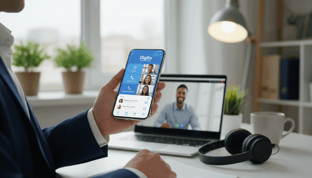 A Sleek Smartphone Displaying A User-Friendly Mobile Voip Application Interface, Showcasing Features Like Call Management, Video Conferencing, And Messaging. The Foreground Features The Phone Held By A Professional Individual Dressed In Business Attire, Emphasizing A Remote Work Setting. In The Middle, A Modern Workspace With A Laptop And Headphones Is Visible, Symbolizing Productivity. The Background Features A Soft-Focus Home Office Environment With Plants And Warm Lighting, Creating An Inviting Atmosphere. The Image Conveys A Sense Of Connection And Efficiency Essential For Remote Work With Digifix Branding Subtly Integrated Into The Application Interface. The Light Is Bright Yet Comforting, Capturing The Essence Of Technology Transforming Business Communication. A Sleek Smartphone Displaying A User-Friendly Mobile Voip Application Interface, Showcasing Features Like Call Management, Video Conferencing, And Messaging. The Foreground Features The Phone Held By A Professional Individual Dressed In Business Attire, Emphasizing A Remote Work Setting. In The Middle, A Modern Workspace With A Laptop And Headphones Is Visible, Symbolizing Productivity. The Background Features A Soft-Focus Home Office Environment With Plants And Warm Lighting, Creating An Inviting Atmosphere. The Image Conveys A Sense Of Connection And Efficiency Essential For Remote Work With Digifix Branding Subtly Integrated Into The Application Interface. The Light Is Bright Yet Comforting, Capturing The Essence Of Technology Transforming Business Communication.