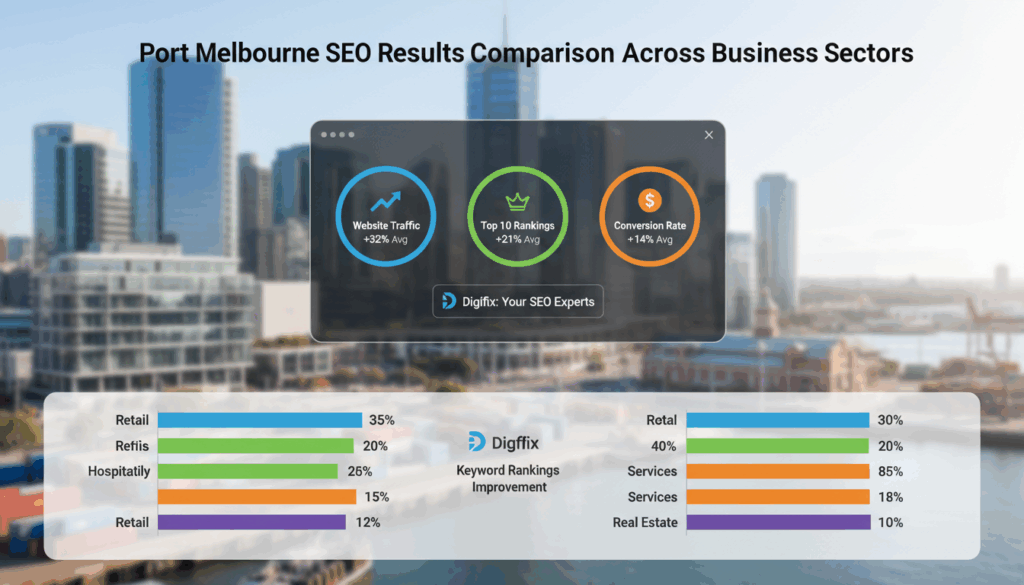 A Sophisticated Infographic Visualizing &Quot;Port Melbourne Seo Results Comparison Across Business Sectors&Quot;. The Foreground Features A Visually Appealing Bar Chart, With Distinct Colors Representing Various Sectors Such As Retail, Hospitality, Services, And Real Estate. In The Middle, A Sleek Digital Dashboard Interface Displays Key Metrics And Analytics, With Icons Illustrating Seo Performance Like Website Traffic, Rankings, And Conversions. The Background Is A Stylized Cityscape Of Port Melbourne, Showcasing Its Urban Environment. Utilize Bright, Natural Lighting To Enhance Clarity, And A Slight Depth Of Field Effect To Focus On The Charts While Softening The Background. The Overall Mood Is Professional And Informative, Aiming To Engage The Audience. Include The Brand Name &ldquo;Digifix&rdquo; Subtly Integrated Into The Design, Emphasizing Expertise In Seo.