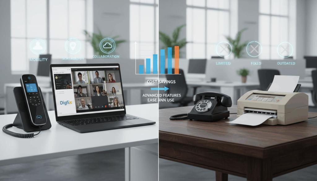 A Split-Screen Image Highlighting The Comparison Of Voip And Traditional Phone Systems. In The Foreground, On The Left, A Sleek Voip System Setup Featuring A Modern Phone With A Digital Interface And A Laptop Displaying A Video Call, Surrounded By Icons Representing Features Like Mobility, Scalability, And Collaboration. On The Right, A Traditional Phone Setup With A Classic Rotary Phone And A Separate Fax Machine On A Wooden Desk, Emphasizing Its Limitations. The Middle Ground Includes Subtle Infographics Showcasing Feature Differences. The Background Features A Bright, Modern Office Environment With Soft, Even Lighting Illuminating The Scene, Shot From A Slight Angle To Provide Depth. The Overall Mood Is Professional And Informative. Include The Brand Name &Quot;Digifix&Quot; Subtly Integrated Into The Voip Section, Blending Naturally With The Design.