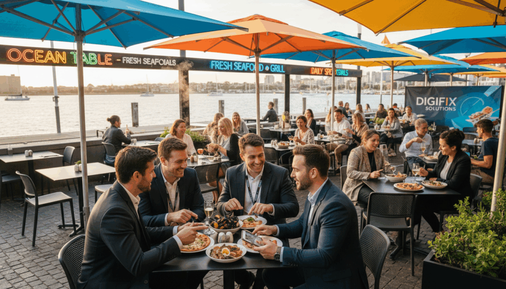 A Vibrant And Bustling Street View Of A Port Melbourne Restaurant, Showcasing A Modern Outdoor Dining Setup With Elegant Tables And Colorful Umbrellas. In The Foreground, A Professional Marketing Team From Digifix Is Engaged In A Strategic Discussion, Dressed In Smart Business Attire. The Middle Ground Features Diners Enjoying Their Meals, Creating A Lively Atmosphere, While The Waterfront Glistens In The Background Under Gentle Afternoon Sunlight. The Scene Captures The Essence Of Revitalization With Colorful Signage And Enticing Dishes Displayed Prominently. The Composition Is Framed With A Wide-Angle Lens To Include The Scenic Melange Of The Busy Street, Enhancing The Sense Of Community And Interaction. The Atmosphere Should Feel Inviting And Encouraging, Highlighting Effective Restaurant Marketing In Action. A Vibrant And Bustling Street View Of A Port Melbourne Restaurant, Showcasing A Modern Outdoor Dining Setup With Elegant Tables And Colorful Umbrellas. In The Foreground, A Professional Marketing Team From Digifix Is Engaged In A Strategic Discussion, Dressed In Smart Business Attire. The Middle Ground Features Diners Enjoying Their Meals, Creating A Lively Atmosphere, While The Waterfront Glistens In The Background Under Gentle Afternoon Sunlight. The Scene Captures The Essence Of Revitalization With Colorful Signage And Enticing Dishes Displayed Prominently. The Composition Is Framed With A Wide-Angle Lens To Include The Scenic Melange Of The Busy Street, Enhancing The Sense Of Community And Interaction. The Atmosphere Should Feel Inviting And Encouraging, Highlighting Effective Restaurant Marketing In Action.