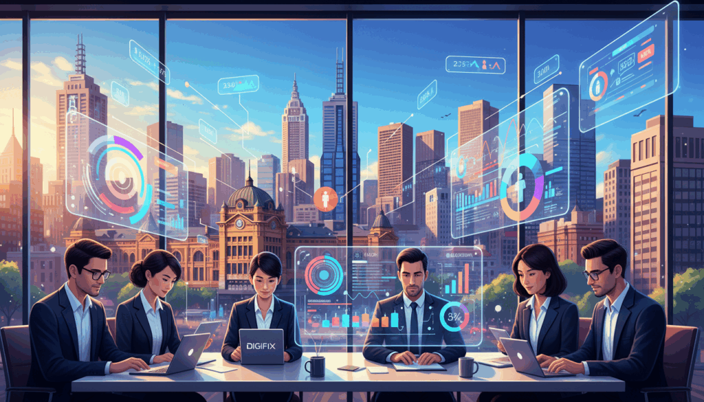 A Vibrant And Dynamic Digital Illustration Depicting Melbourne'S Central Business District (Cbd) With A Focus On Social Media Metrics. In The Foreground, A Modern Office Space Features A Diverse Group Of Professionals In Smart Business Attire, Analyzing Colorful Graphs And Pie Charts On Laptops And Digital Screens. The Middle Ground Showcases Iconic Melbourne Architecture, Such As The Eureka Tower And Flinders Street Station, Blending Seamlessly With Digital Data Overlays That Represent Key Performance Indicators (Kpis) Like Engagement Rates, Reach, And Audience Growth. The Background Features A Bright Blue Sky With Soft, Golden Sunlight Filtering Through Glass Buildings, Creating An Optimistic And Energetic Atmosphere. The Image Should Be A Clean, High-Resolution Depiction With A Focus On Technology And Professionalism, Branded Subtly With The Digifix Logo On One Of The Screens. A Vibrant And Dynamic Digital Illustration Depicting Melbourne'S Central Business District (Cbd) With A Focus On Social Media Metrics. In The Foreground, A Modern Office Space Features A Diverse Group Of Professionals In Smart Business Attire, Analyzing Colorful Graphs And Pie Charts On Laptops And Digital Screens. The Middle Ground Showcases Iconic Melbourne Architecture, Such As The Eureka Tower And Flinders Street Station, Blending Seamlessly With Digital Data Overlays That Represent Key Performance Indicators (Kpis) Like Engagement Rates, Reach, And Audience Growth. The Background Features A Bright Blue Sky With Soft, Golden Sunlight Filtering Through Glass Buildings, Creating An Optimistic And Energetic Atmosphere. The Image Should Be A Clean, High-Resolution Depiction With A Focus On Technology And Professionalism, Branded Subtly With The Digifix Logo On One Of The Screens.
