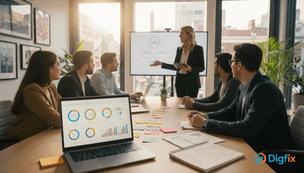 A Vibrant And Engaging Workspace Depicting Seo Strategies For Creative Businesses, Featuring A Diverse Group Of Professionals In Smart Casual Attire Gathered Around A Large Table. The Foreground Includes A Laptop With Data Analytics Displayed, Next To Colorful Sticky Notes And An Open Notebook Filled With Brainstorming Ideas. In The Middle Ground, A Digital Marketing Expert Stands, Passionately Explaining Seo Concepts To Attentive Colleagues. The Background Showcases Large Windows Letting In Warm Sunlight, Illuminating The Modern Office Space Adorned With Creative Artwork And Plants, Creating An Inspiring Atmosphere. Use A Shallow Depth Of Field To Focus On The Team While Softly Blurring The Background Elements. Incorporate The Digifix Logo Subtly On One Of The Notebooks. The Mood Is Collaborative And Innovative, Reflecting The Essence Of Local Business Marketing In Fitzroy. A Vibrant And Engaging Workspace Depicting Seo Strategies For Creative Businesses, Featuring A Diverse Group Of Professionals In Smart Casual Attire Gathered Around A Large Table. The Foreground Includes A Laptop With Data Analytics Displayed, Next To Colorful Sticky Notes And An Open Notebook Filled With Brainstorming Ideas. In The Middle Ground, A Digital Marketing Expert Stands, Passionately Explaining Seo Concepts To Attentive Colleagues. The Background Showcases Large Windows Letting In Warm Sunlight, Illuminating The Modern Office Space Adorned With Creative Artwork And Plants, Creating An Inspiring Atmosphere. Use A Shallow Depth Of Field To Focus On The Team While Softly Blurring The Background Elements. Incorporate The Digifix Logo Subtly On One Of The Notebooks. The Mood Is Collaborative And Innovative, Reflecting The Essence Of Local Business Marketing In Fitzroy.