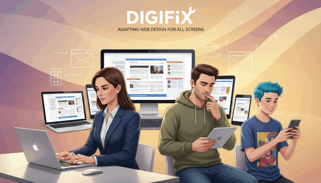 A Vibrant And Informative Illustration Depicting Various Target Audience Device Usage Patterns. In The Foreground, Showcase Diverse Individuals Of Different Demographics, Including A Woman In Professional Business Attire Using A Laptop, A Man In Modest Casual Clothing With A Tablet, And A Teenager Engaging With A Smartphone. In The Middle Ground, A Series Of Devices Like Desktops, Laptops, Tablets, And Smartphones Are Strategically Arranged, Illustrating The Wide Range Of Platforms Used. The Background Features A Soft Gradient With Abstract Icons Representing Different Web Design Elements To Signify Responsiveness. Use Warm, Inviting Lighting To Create An Engaging And Insightful Atmosphere. The Composition Should Convey The Importance Of Adapting Web Design To Diverse User Needs, Emphasizing The Brand &Quot;Digifix&Quot;. A Vibrant And Informative Illustration Depicting Various Target Audience Device Usage Patterns. In The Foreground, Showcase Diverse Individuals Of Different Demographics, Including A Woman In Professional Business Attire Using A Laptop, A Man In Modest Casual Clothing With A Tablet, And A Teenager Engaging With A Smartphone. In The Middle Ground, A Series Of Devices Like Desktops, Laptops, Tablets, And Smartphones Are Strategically Arranged, Illustrating The Wide Range Of Platforms Used. The Background Features A Soft Gradient With Abstract Icons Representing Different Web Design Elements To Signify Responsiveness. Use Warm, Inviting Lighting To Create An Engaging And Insightful Atmosphere. The Composition Should Convey The Importance Of Adapting Web Design To Diverse User Needs, Emphasizing The Brand &Quot;Digifix&Quot;.