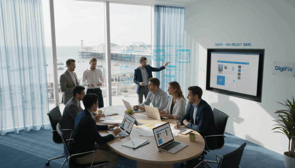 A Vibrant And Modern Office Scene Depicting The &Quot;Digifix&Quot; Web Development Team At Work. In The Foreground, A Diverse Group Of Professionals In Business Attire Collaborates Around A Sleek Conference Table, Reviewing Website Designs On Laptops And Tablets. In The Middle, A Large Whiteboard Features Brainstorming Notes And Colorful Sketches Of Web Pages. The Background Displays Large Windows With A View Of The Iconic Brighton Pier And Bustling Seaside Activity, Bathed In Soft, Natural Light From The Afternoon Sun. The Atmosphere Is Dynamic And Creative, Embodying Innovation And Professionalism, With A Color Palette Of Blues And Whites That Complements The Coastal Theme. The Camera Angle Is Slightly Elevated, Capturing The Energy Of Teamwork And The Scenic Backdrop. A Vibrant And Modern Office Scene Depicting The &Quot;Digifix&Quot; Web Development Team At Work. In The Foreground, A Diverse Group Of Professionals In Business Attire Collaborates Around A Sleek Conference Table, Reviewing Website Designs On Laptops And Tablets. In The Middle, A Large Whiteboard Features Brainstorming Notes And Colorful Sketches Of Web Pages. The Background Displays Large Windows With A View Of The Iconic Brighton Pier And Bustling Seaside Activity, Bathed In Soft, Natural Light From The Afternoon Sun. The Atmosphere Is Dynamic And Creative, Embodying Innovation And Professionalism, With A Color Palette Of Blues And Whites That Complements The Coastal Theme. The Camera Angle Is Slightly Elevated, Capturing The Energy Of Teamwork And The Scenic Backdrop.