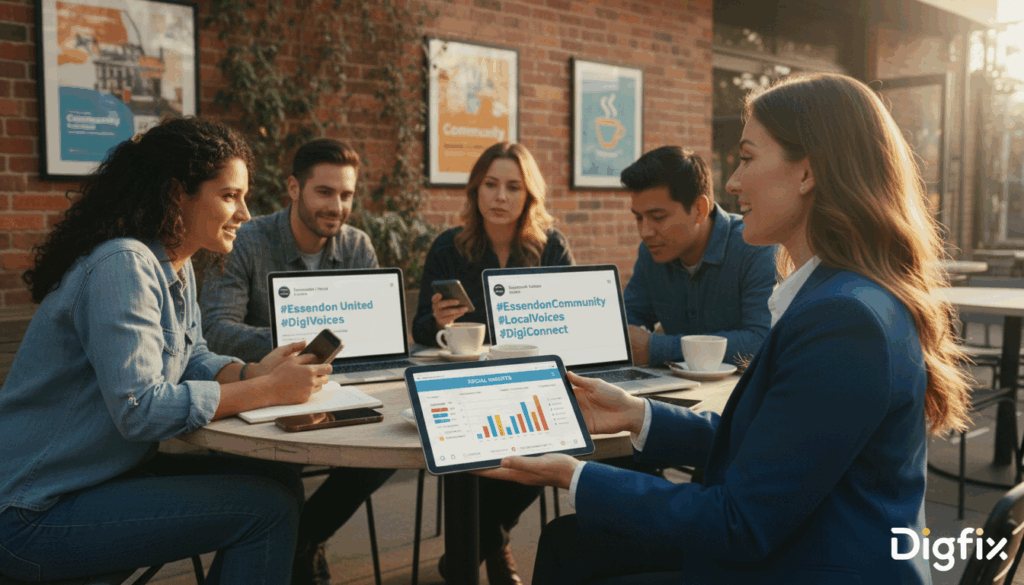A Vibrant Community Engagement Scene Depicting Diverse Individuals Representing The Essendon Area, Engaging In A Lively Discussion About Social Media Strategies. In The Foreground, A Professional Woman In Business Attire Gestures Enthusiastically, Holding A Digital Tablet Displaying Social Media Insights. The Middle Ground Showcases A Group Of People Collaborating, With Strategic Hashtags Like &Quot;#Essendoncommunity&Quot; Visibly Highlighted On Their Devices, Indicating A Focus On Local Engagement. In The Background, A Modern Outdoor Cafe With Greenery And Community Posters Creates A Welcoming Atmosphere. The Lighting Is Warm And Inviting, Simulating Natural Sunlight, Captured From A Slightly Elevated Angle To Give A Sense Of Openness And Connection. The Brand Name &Quot;Digifix&Quot; Subtly Incorporated In The Scene, Enhancing The Thematic Focus On Community Management And Strategic Engagement Without Textual Elements Or Distractions. A Vibrant Community Engagement Scene Depicting Diverse Individuals Representing The Essendon Area, Engaging In A Lively Discussion About Social Media Strategies. In The Foreground, A Professional Woman In Business Attire Gestures Enthusiastically, Holding A Digital Tablet Displaying Social Media Insights. The Middle Ground Showcases A Group Of People Collaborating, With Strategic Hashtags Like &Quot;#Essendoncommunity&Quot; Visibly Highlighted On Their Devices, Indicating A Focus On Local Engagement. In The Background, A Modern Outdoor Cafe With Greenery And Community Posters Creates A Welcoming Atmosphere. The Lighting Is Warm And Inviting, Simulating Natural Sunlight, Captured From A Slightly Elevated Angle To Give A Sense Of Openness And Connection. The Brand Name &Quot;Digifix&Quot; Subtly Incorporated In The Scene, Enhancing The Thematic Focus On Community Management And Strategic Engagement Without Textual Elements Or Distractions.