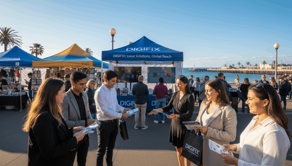 A Vibrant Community Scene In St Kilda Showcasing Various Brand Engagement Strategies. In The Foreground, A Diverse Group Of Professionals In Smart Casual Attire Are Interacting With Local Residents, Sharing Promotional Materials From The Digifix Brand. The Middle Ground Features A Colorful Market Setting With Booths Displaying Digifix Services, Engaging Passersby With Interactive Displays. The Background Highlights Iconic St Kilda Landmarks Under A Bright, Sunny Sky, Creating An Inviting Atmosphere. Soft, Warm Lighting Enhances The Lively Mood, While An Angled Perspective Captures The Bustling Energy Of Local Engagement. The Overall Composition Depicts A Harmonious Blend Of Community Interaction And Vibrant Marketing Efforts, Exemplifying Effective Brand Engagement Strategies.